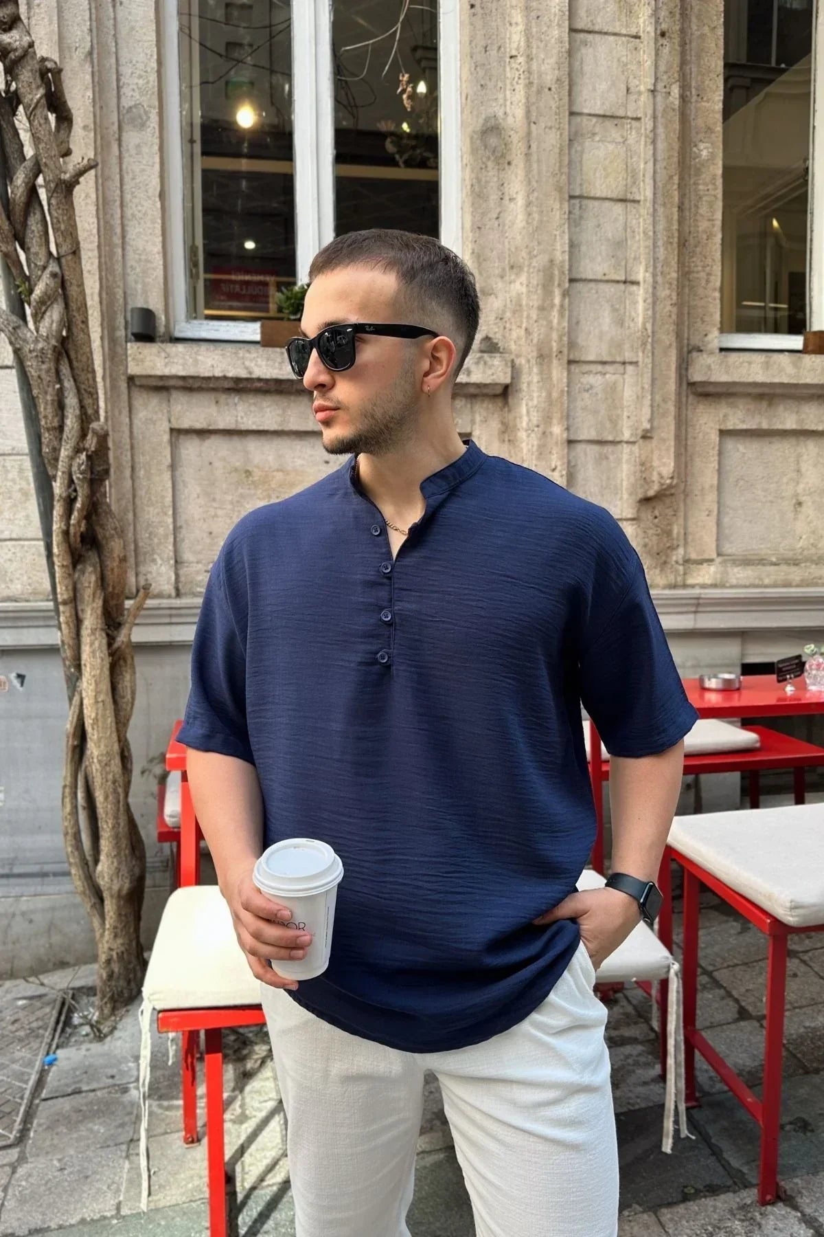 Soro Erkek Oversize Keten Görünümlü Kısa Kol Hakim Yaka Yarım Pat Gömlek - Livio Ferri