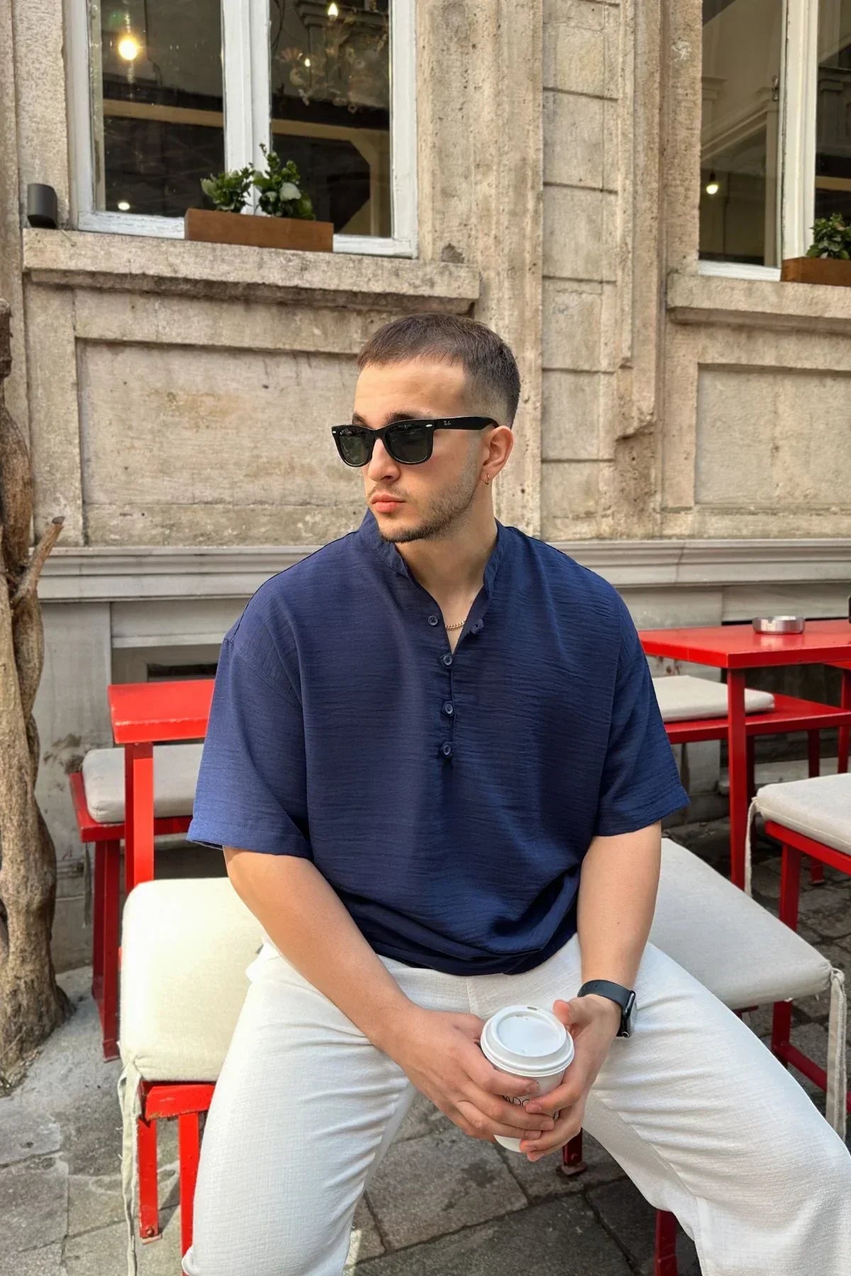 Soro Erkek Oversize Keten Görünümlü Kısa Kol Hakim Yaka Yarım Pat Gömlek - Livio Ferri