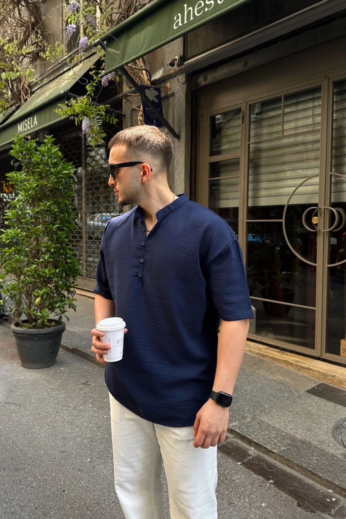 Soro Erkek Oversize Keten Görünümlü Kısa Kol Hakim Yaka Yarım Pat Gömlek - Livio Ferri