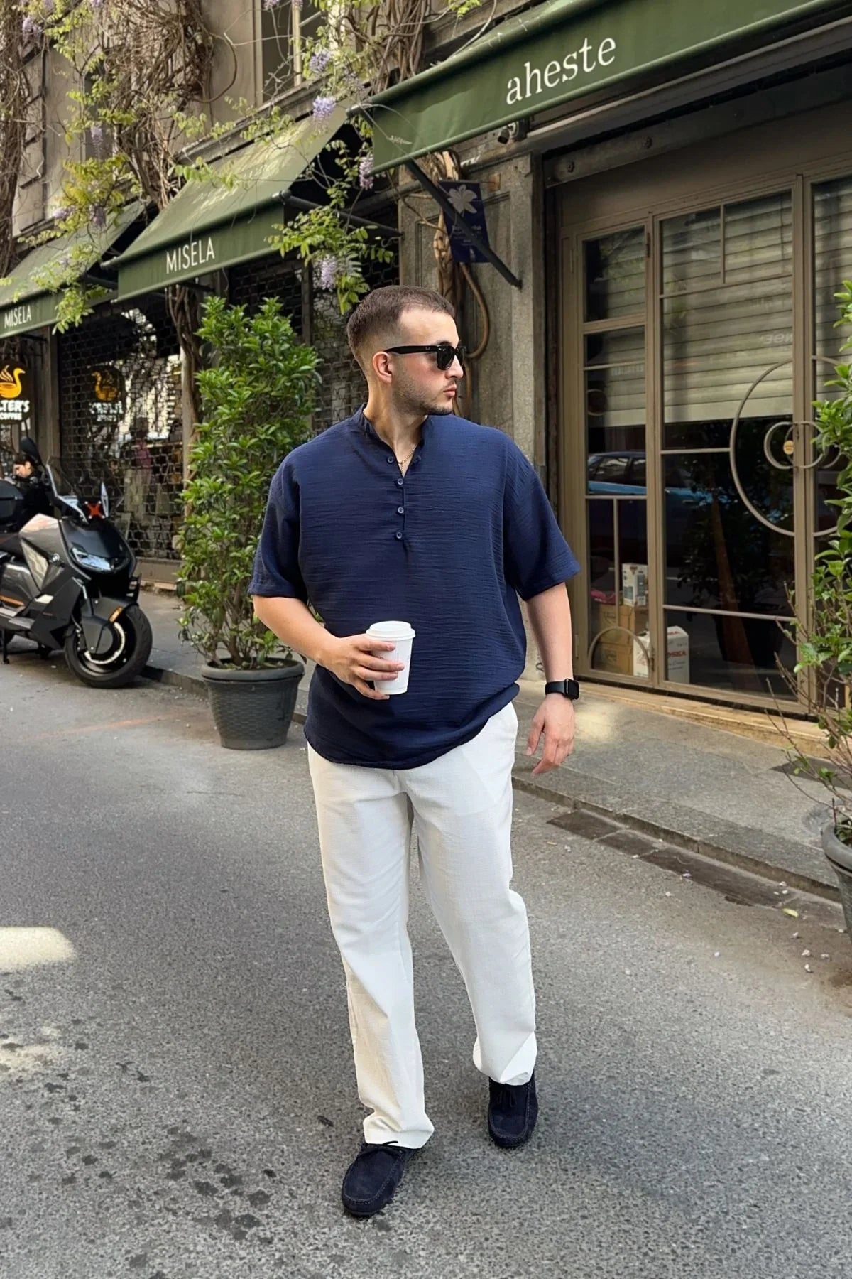 Soro Erkek Oversize Keten Görünümlü Kısa Kol Hakim Yaka Yarım Pat Gömlek - Livio Ferri