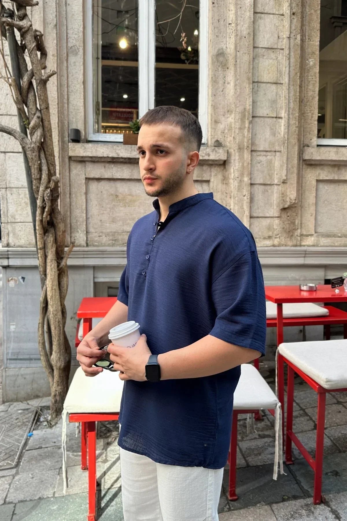 Soro Erkek Oversize Keten Görünümlü Kısa Kol Hakim Yaka Yarım Pat Gömlek - Livio Ferri