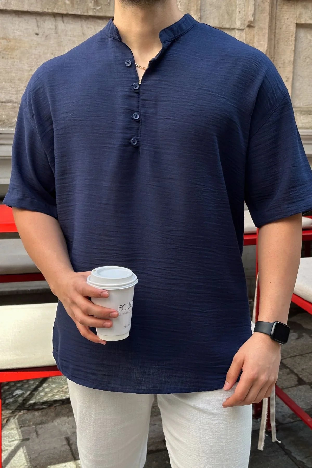 Soro Erkek Oversize Keten Görünümlü Kısa Kol Hakim Yaka Yarım Pat Gömlek - Livio Ferri