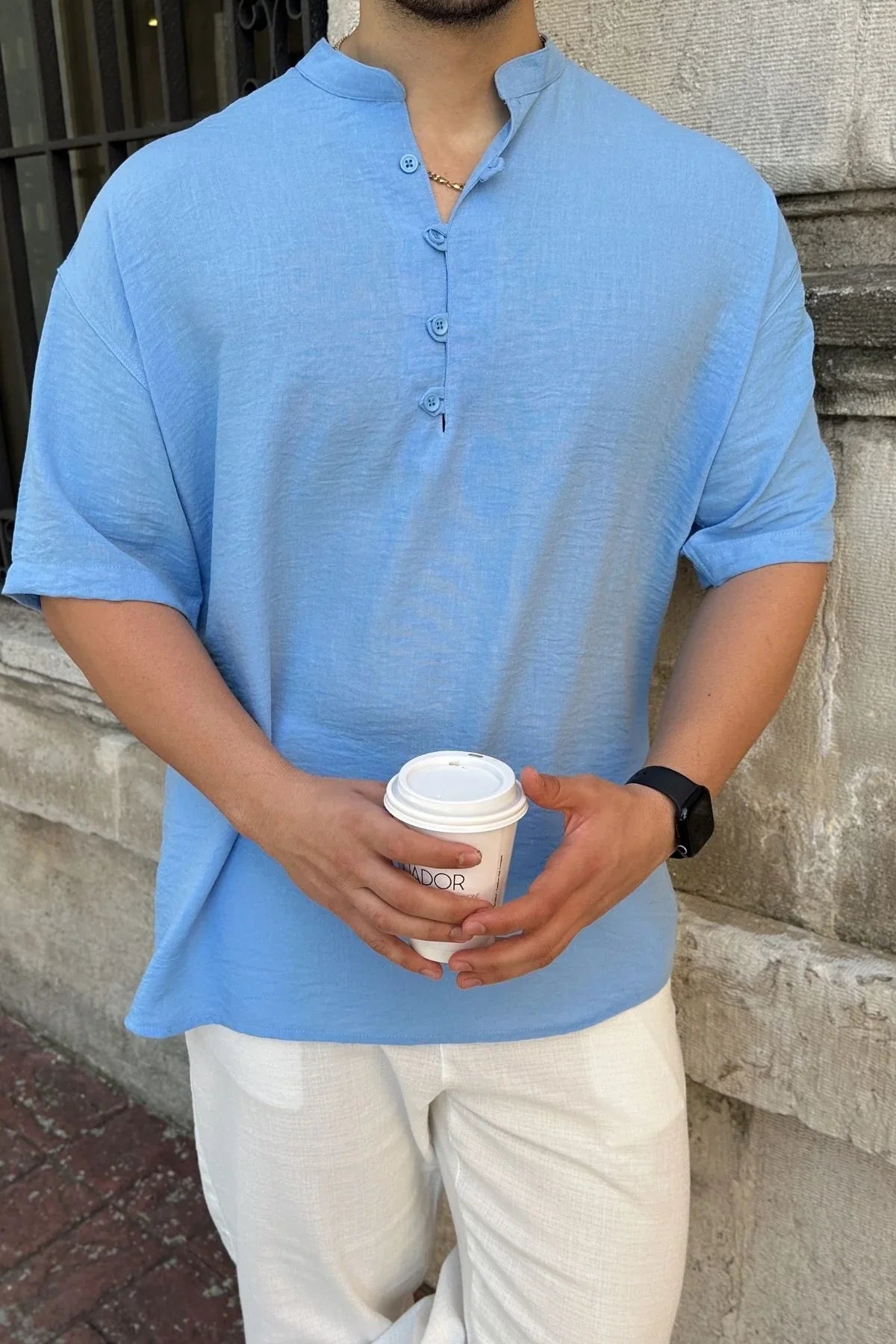 Soro Erkek Oversize Keten Görünümlü Kısa Kol Hakim Yaka Yarım Pat Gömlek - Livio Ferri