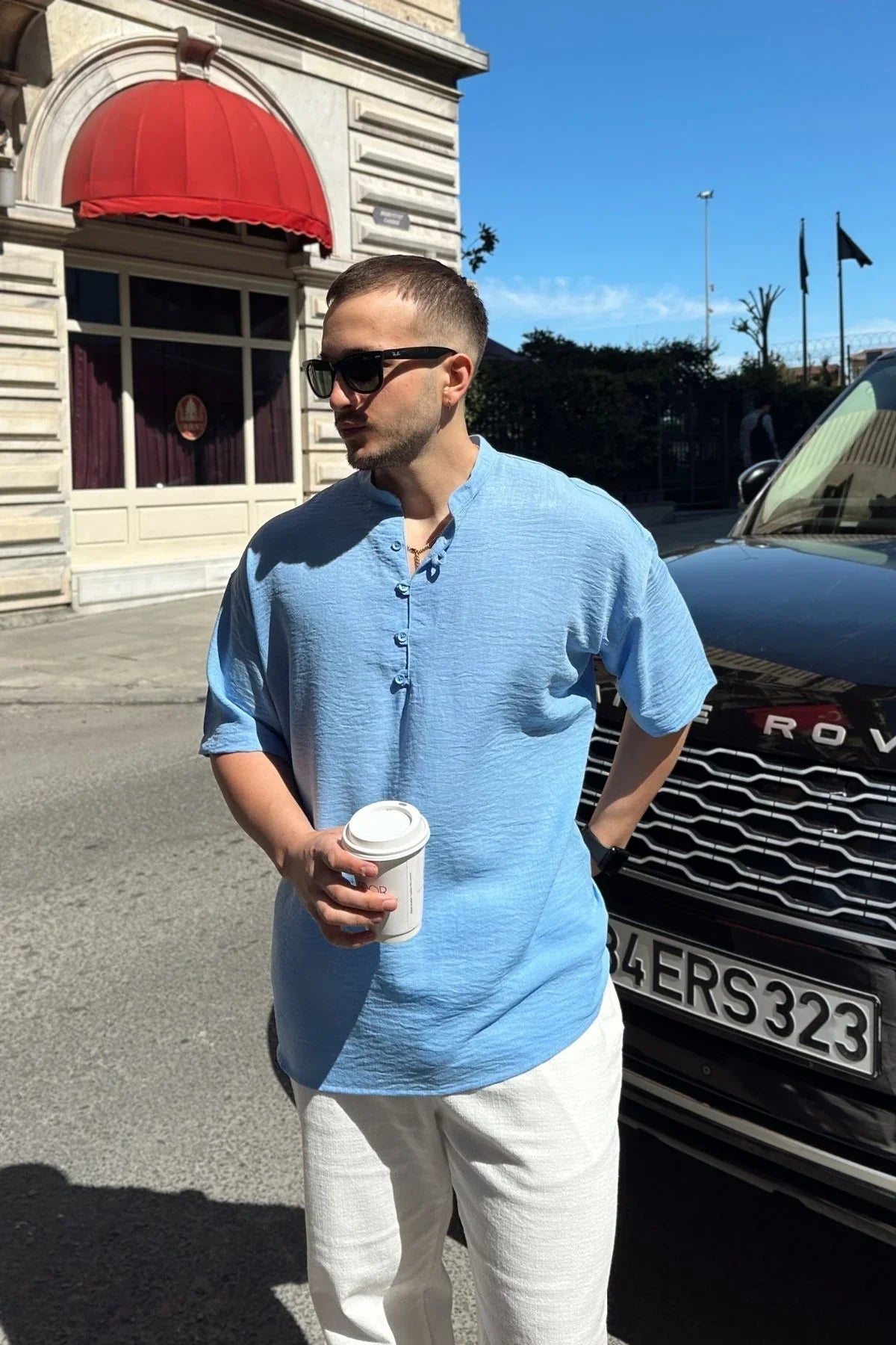 Soro Erkek Oversize Keten Görünümlü Kısa Kol Hakim Yaka Yarım Pat Gömlek - Livio Ferri