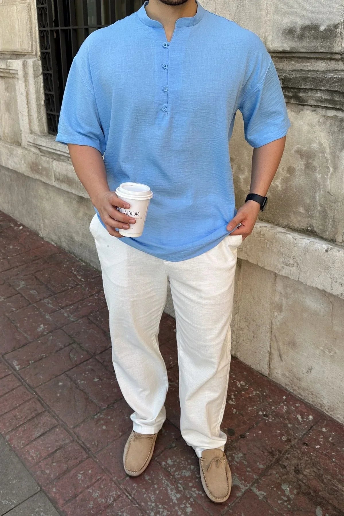 Soro Erkek Oversize Keten Görünümlü Kısa Kol Hakim Yaka Yarım Pat Gömlek - Livio Ferri