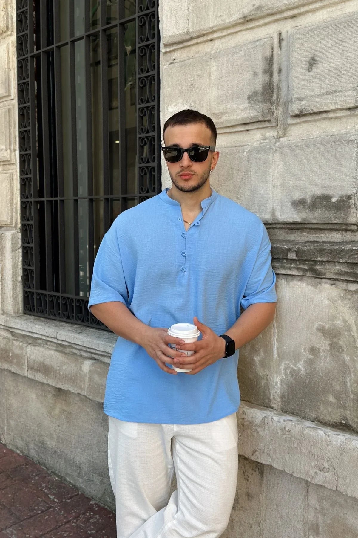 Soro Erkek Oversize Keten Görünümlü Kısa Kol Hakim Yaka Yarım Pat Gömlek - Livio Ferri