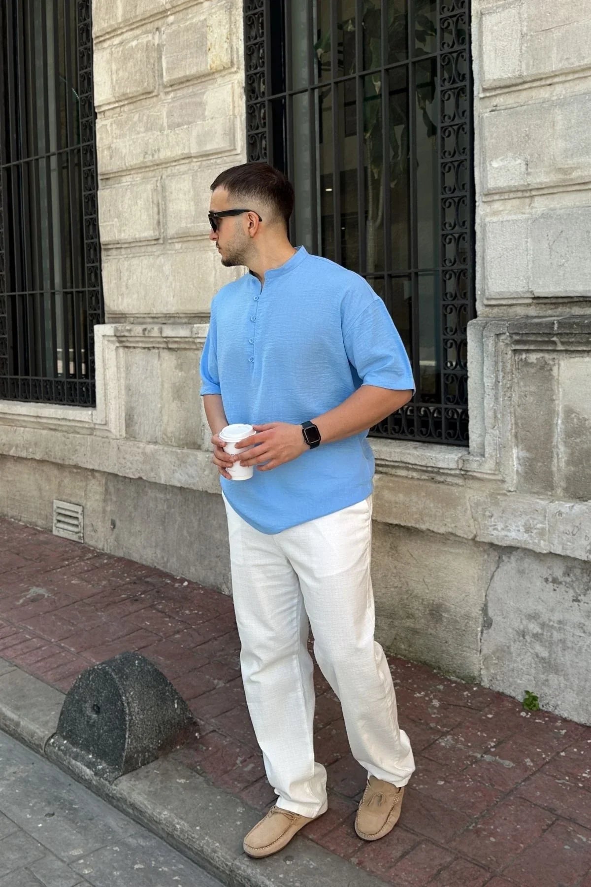 Soro Erkek Oversize Keten Görünümlü Kısa Kol Hakim Yaka Yarım Pat Gömlek - Livio Ferri