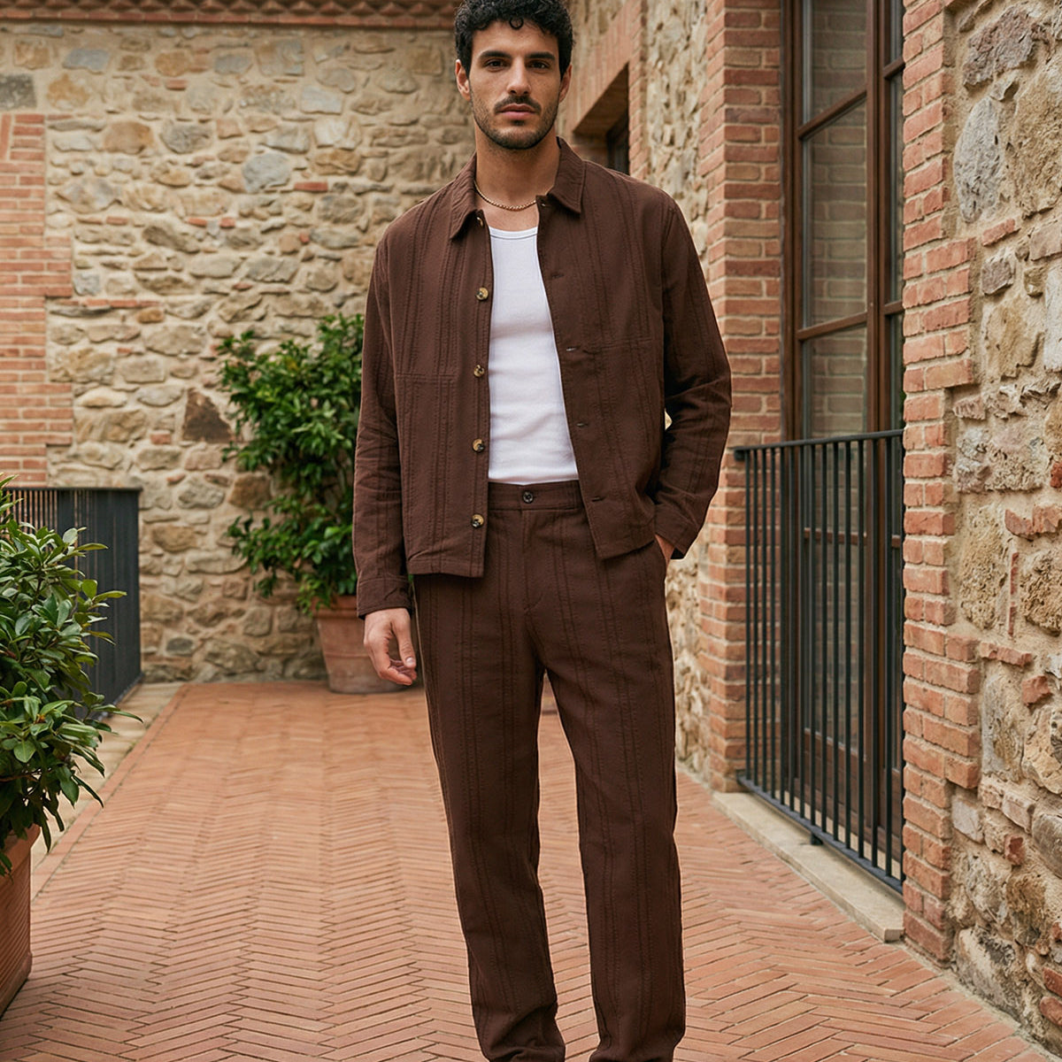 Talbot Premium Keten Desenli Düğmeli Ceket Pantolon Erkek Takım Relax Kalıp