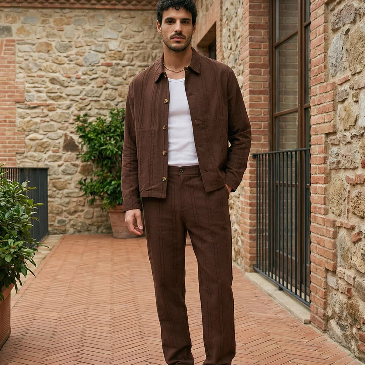 Talbot Premium Keten Desenli Düğmeli Ceket Pantolon Erkek Takım Relax Kalıp
