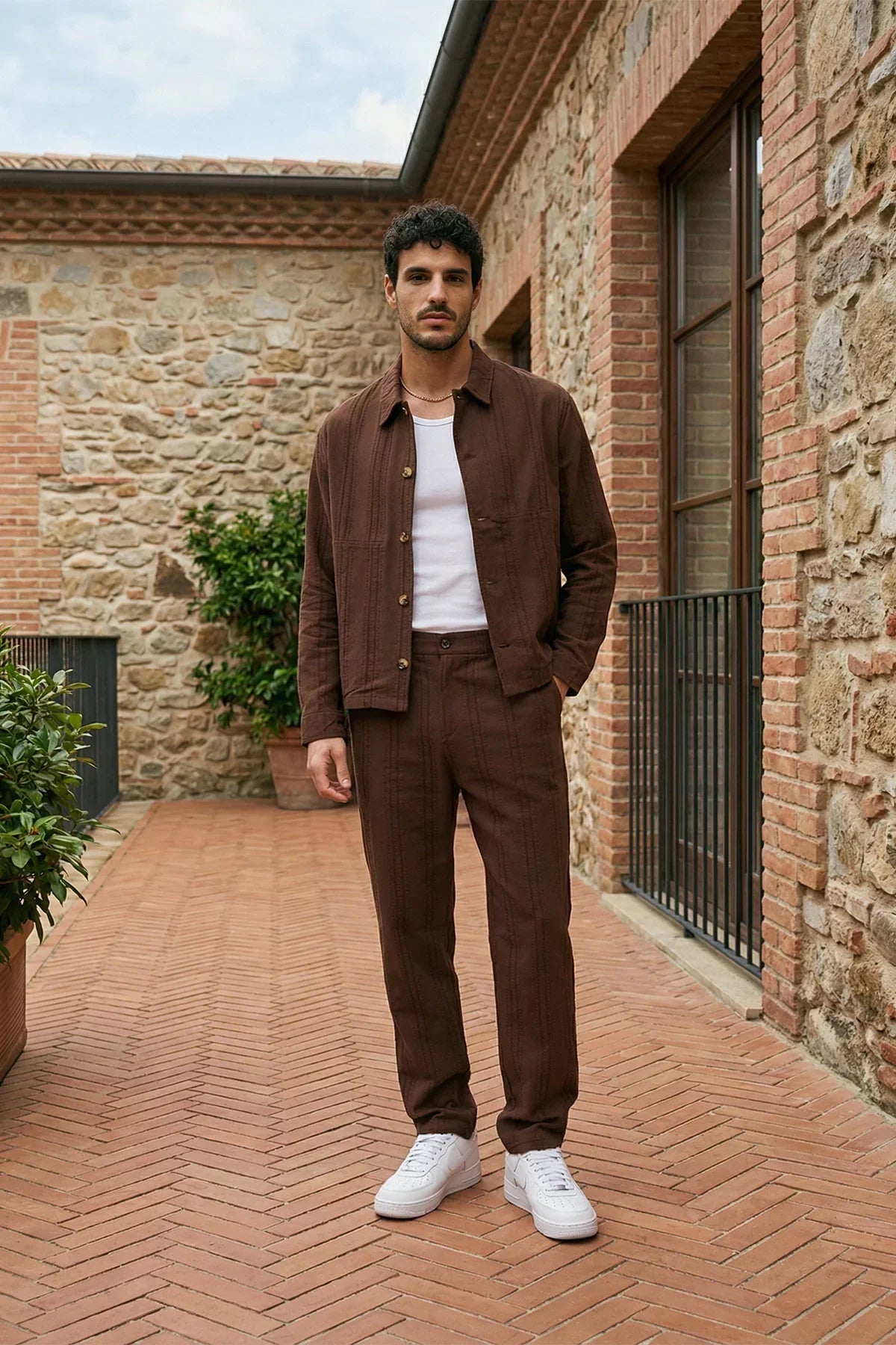 Talbot Premium Keten Desenli Düğmeli Ceket Pantolon Erkek Takım Relax Kalıp - Livio Ferri