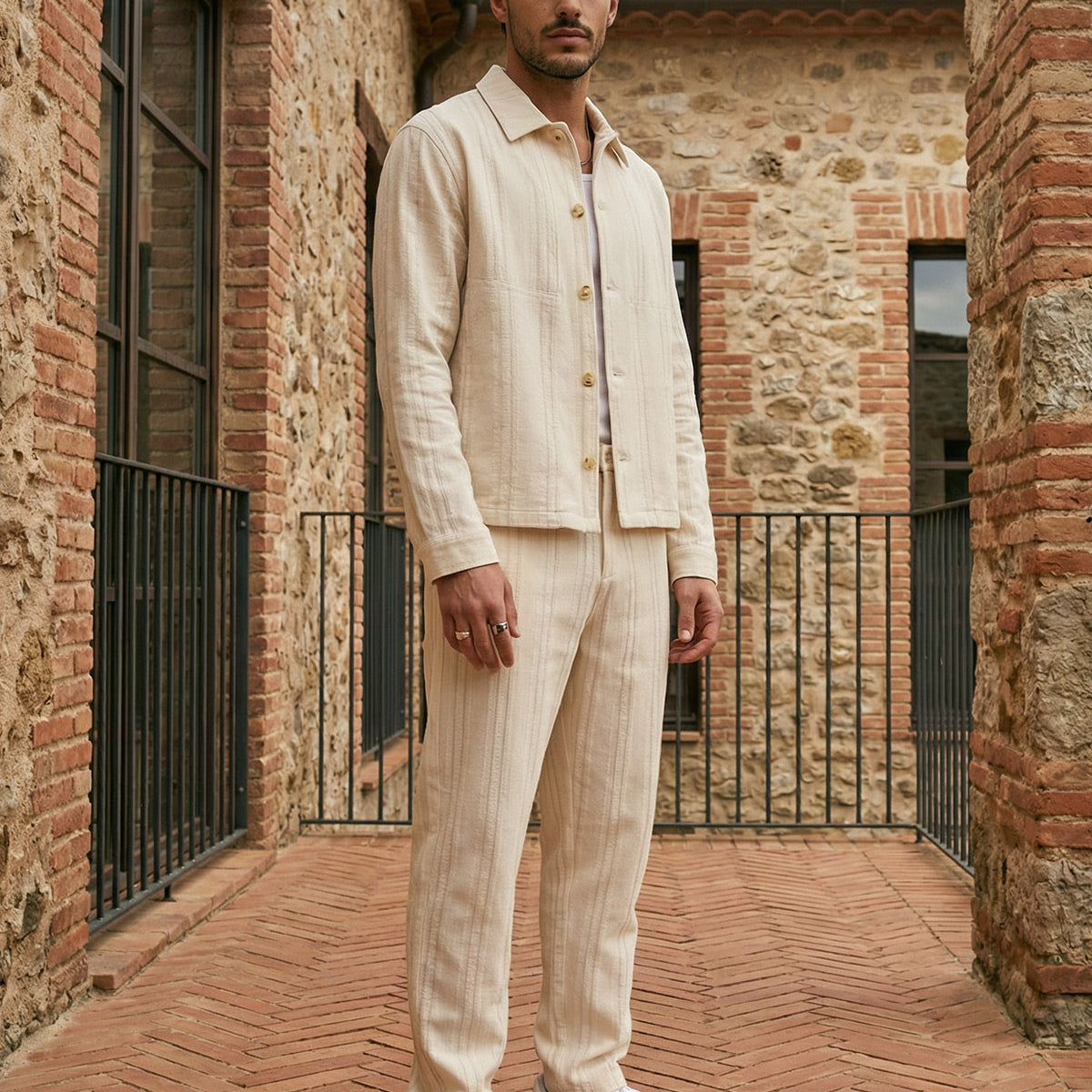 Talbot Premium Keten Desenli Düğmeli Ceket Pantolon Erkek Takım Relax Kalıp