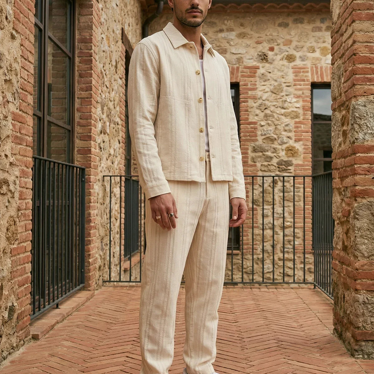 Talbot Premium Keten Desenli Düğmeli Ceket Pantolon Erkek Takım Relax Kalıp