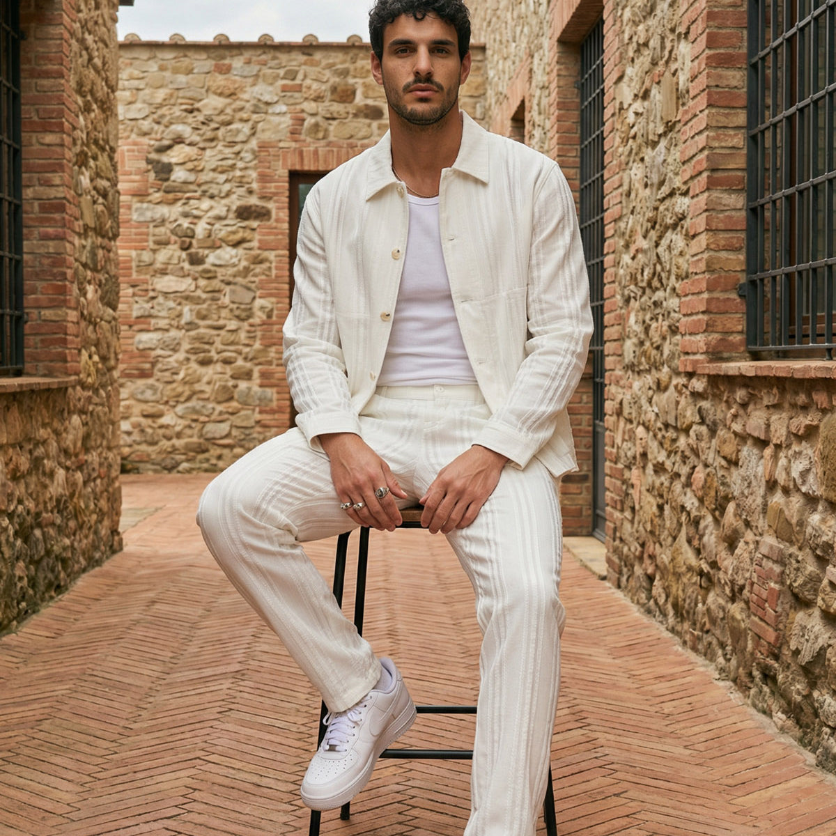 Talbot Premium Keten Desenli Düğmeli Ceket Pantolon Erkek Takım Relax Kalıp