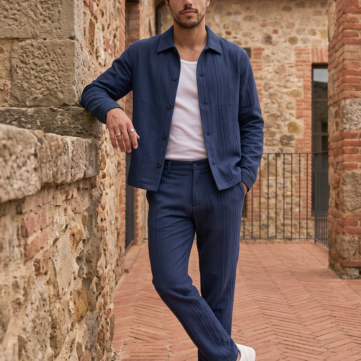 Talbot Premium Keten Desenli Düğmeli Ceket Pantolon Erkek Takım Relax Kalıp