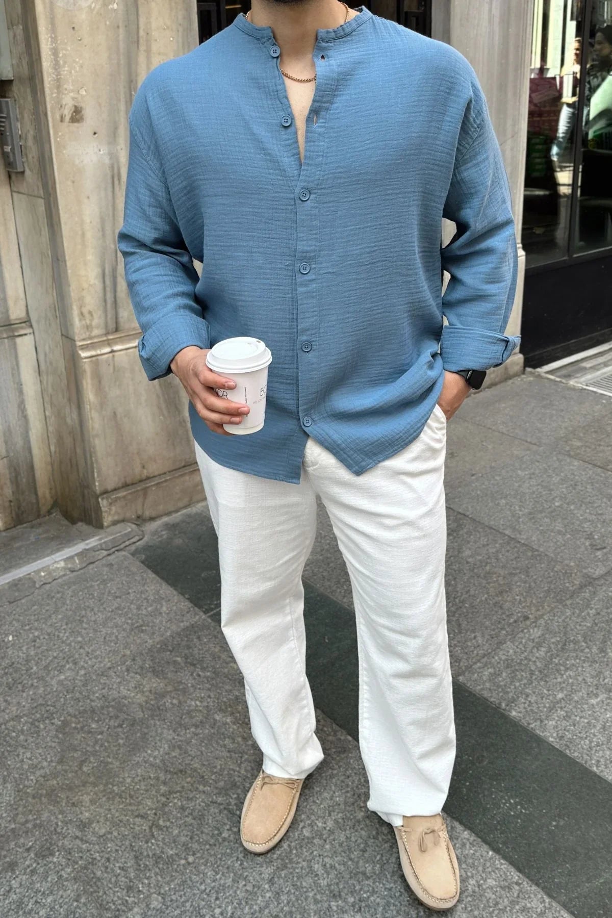 tokma-erkek-yazlik-pamuk-gomlek-hakim-yaka-dugmeli-rahat-kalip-22567 - Livio Ferri