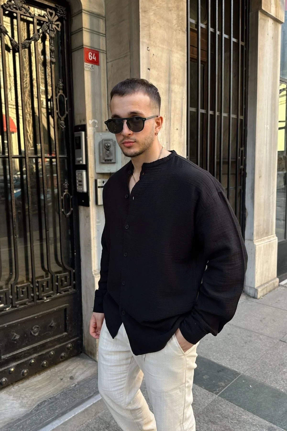 tokma-erkek-yazlik-pamuk-gomlek-hakim-yaka-dugmeli-rahat-kalip-22577 - Livio Ferri