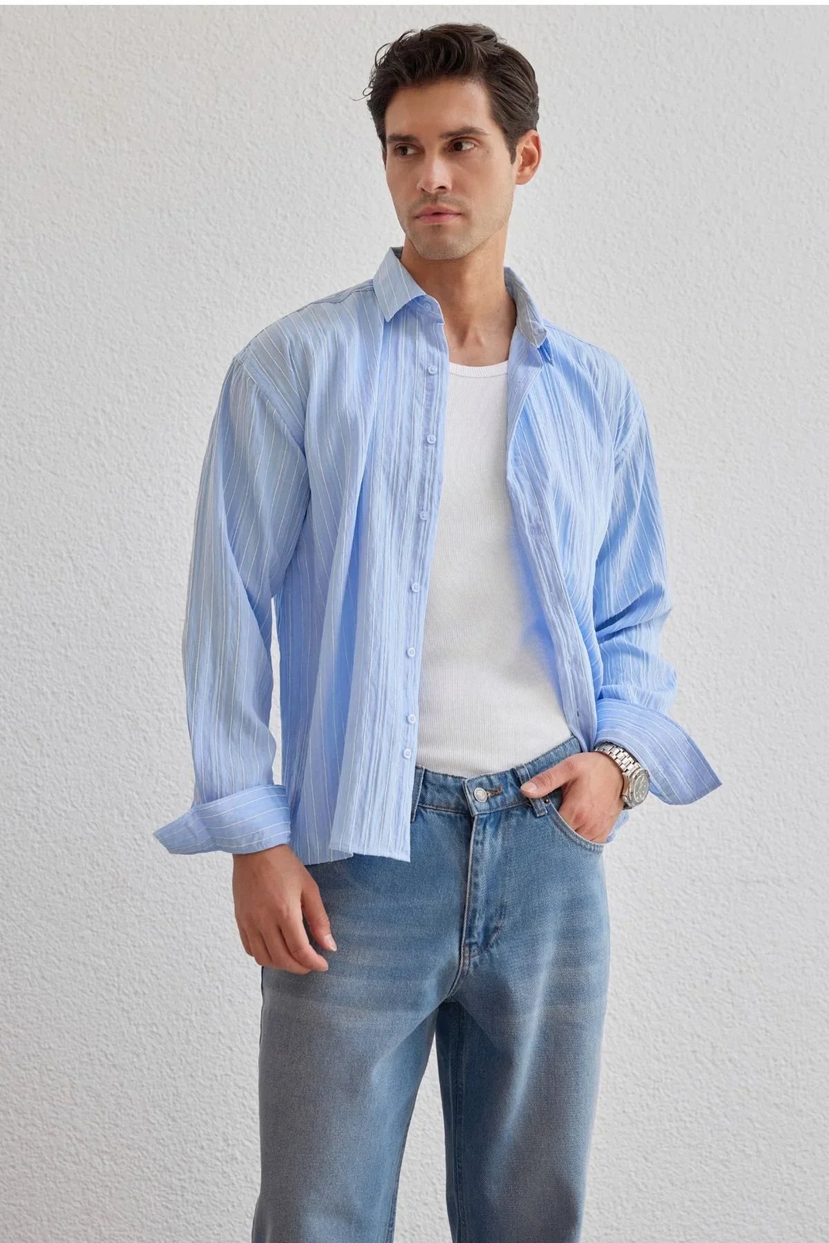 Tugur Erkek Çizgili Oversize Premium Gömlek Soft Touch Refined Comfort - Livio Ferri