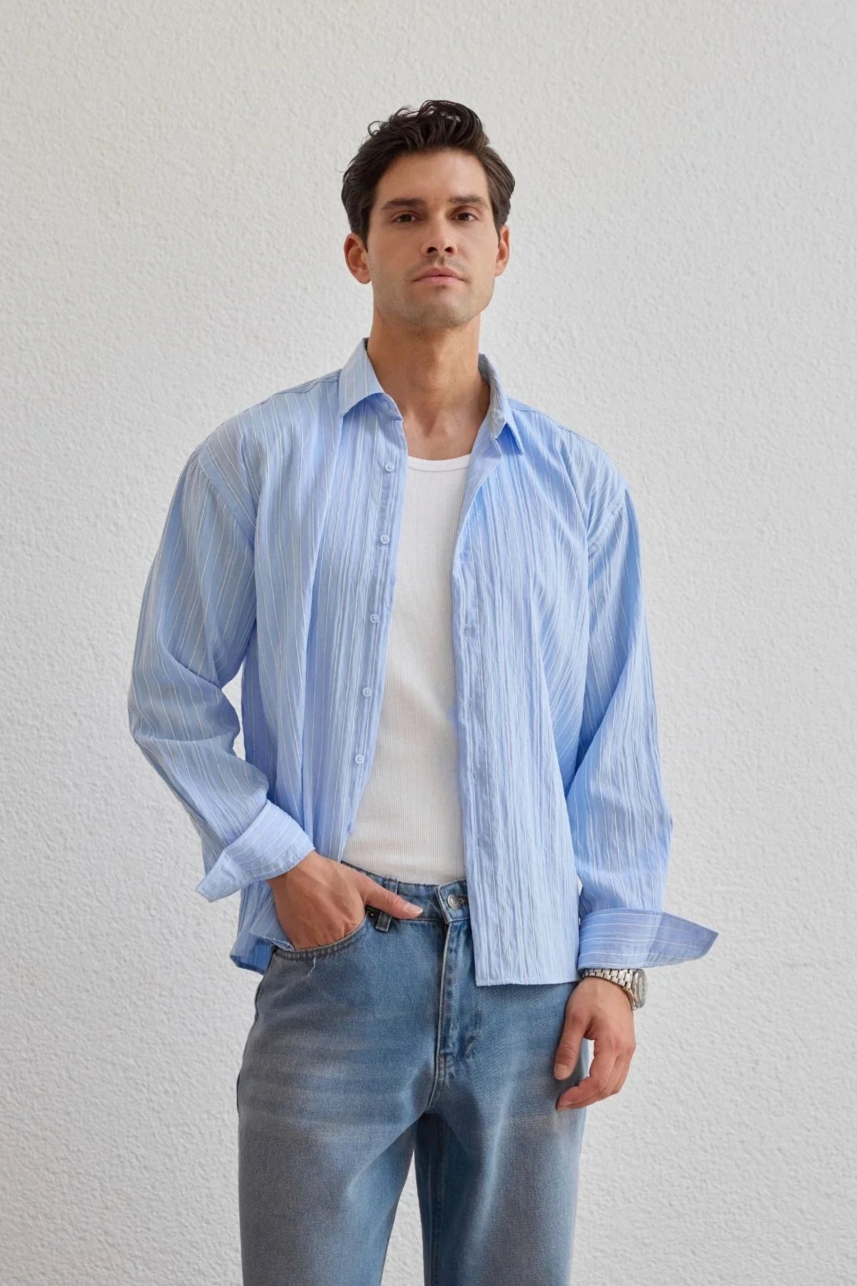 Tugur Erkek Çizgili Oversize Premium Gömlek Soft Touch Refined Comfort - Livio Ferri