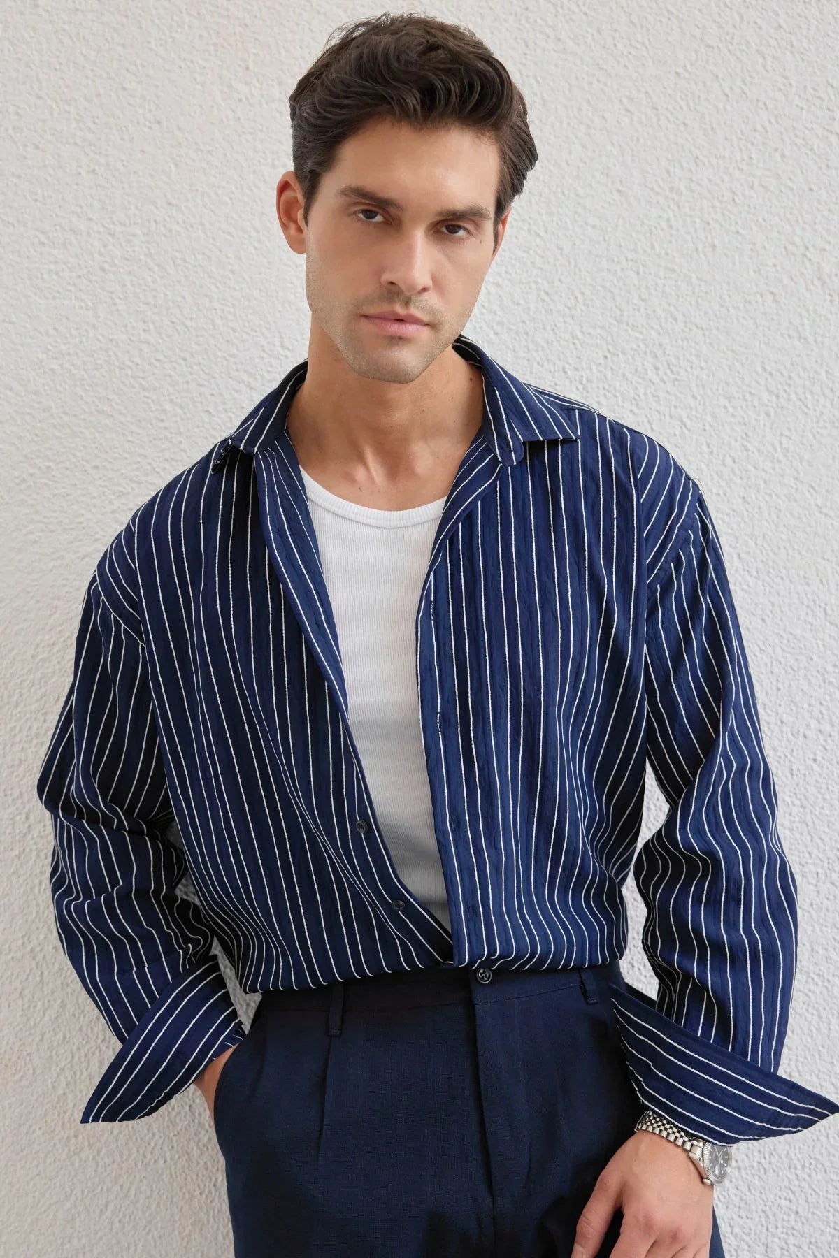 Tugur Erkek Çizgili Oversize Premium Gömlek Soft Touch Refined Comfort - Livio Ferri