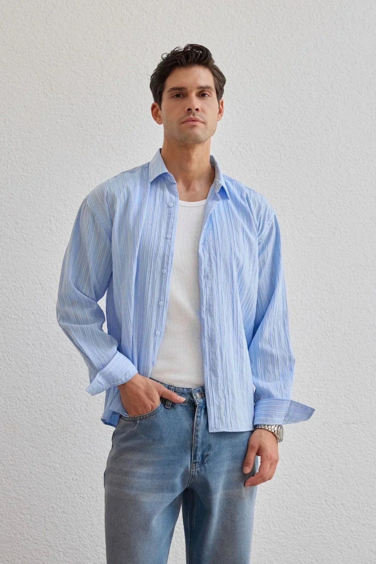 Tugur Erkek Çizgili Oversize Premium Gömlek Soft Touch Refined Comfort - Livio Ferri