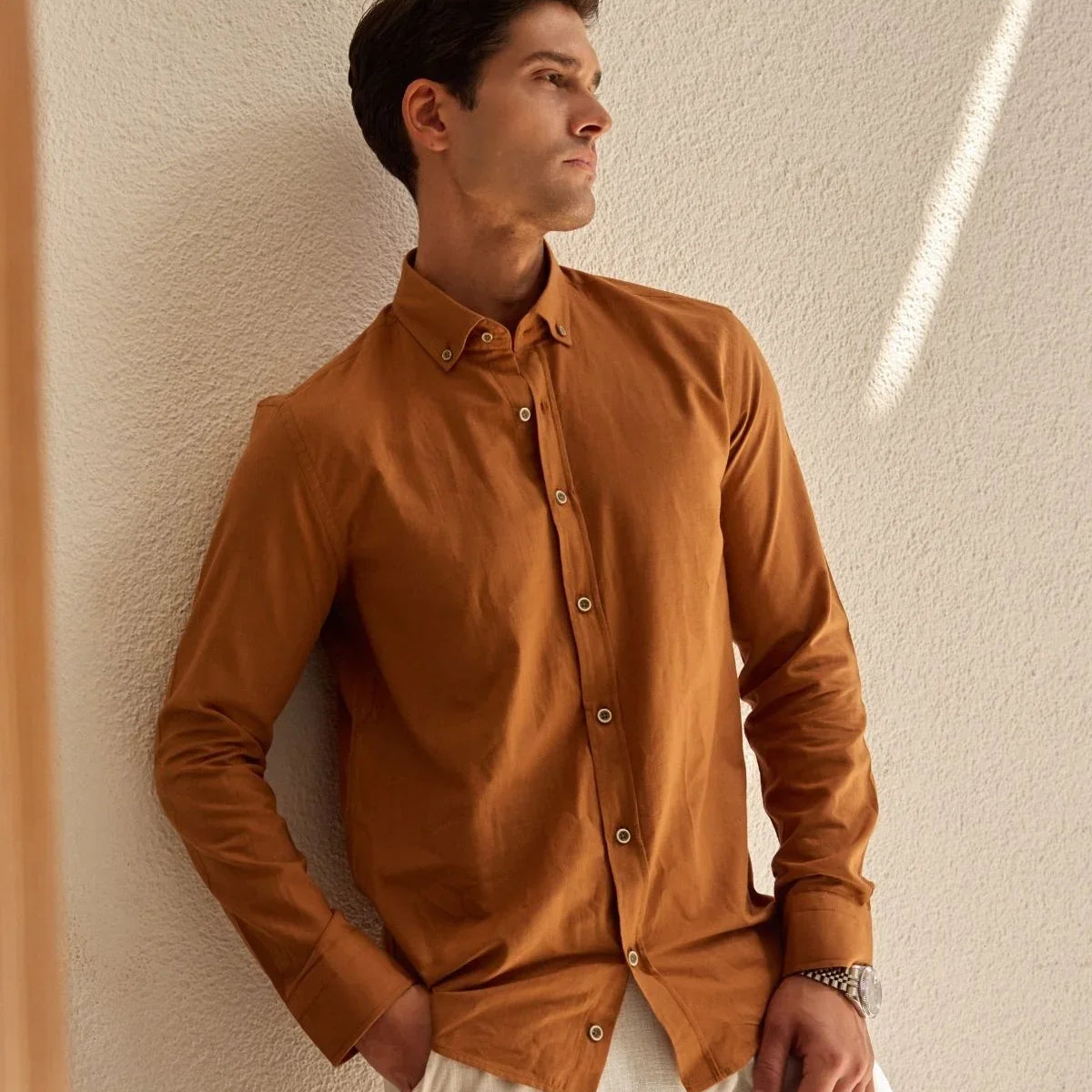 turi-erkek-pamuk-gomlek-modern-slim-fit-keten-gorunumlu-uzun-kol-24010 - Livio Ferri