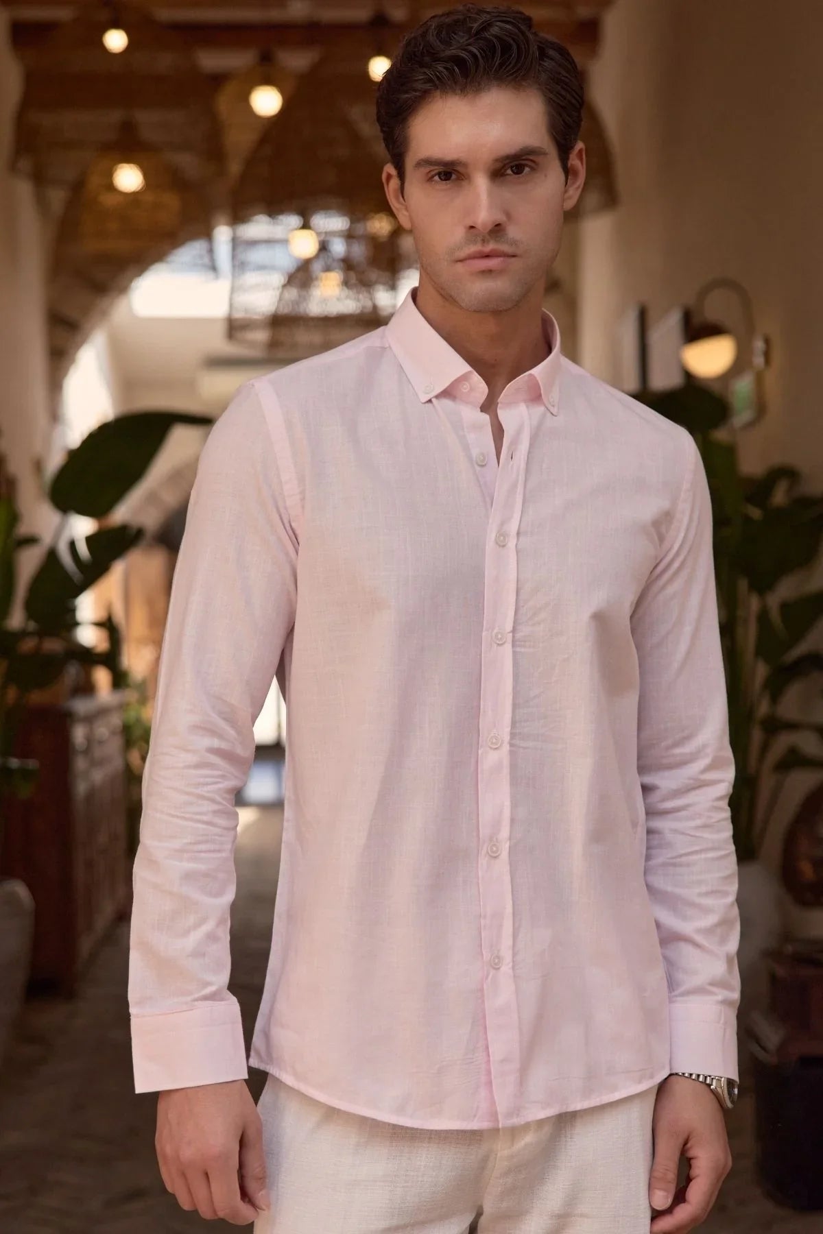 turi-erkek-pamuk-gomlek-modern-slim-fit-keten-gorunumlu-uzun-kol-24015 - Livio Ferri