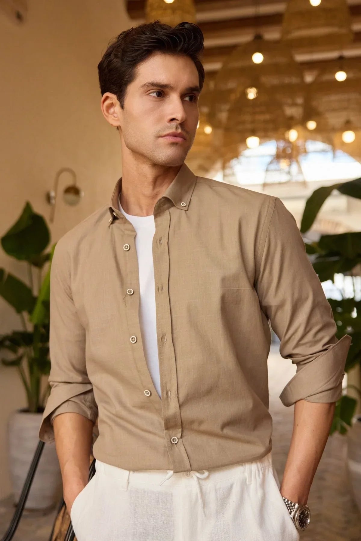 turi-erkek-pamuk-gomlek-modern-slim-fit-keten-gorunumlu-uzun-kol-24018 - Livio Ferri