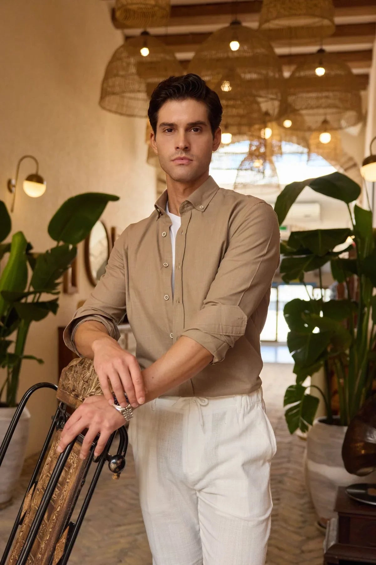 turi-erkek-pamuk-gomlek-modern-slim-fit-keten-gorunumlu-uzun-kol-24019 - Livio Ferri