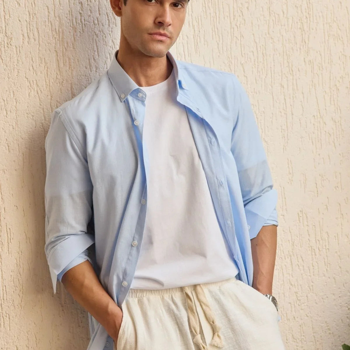 turi-erkek-pamuk-gomlek-modern-slim-fit-keten-gorunumlu-uzun-kol-24021 - Livio Ferri