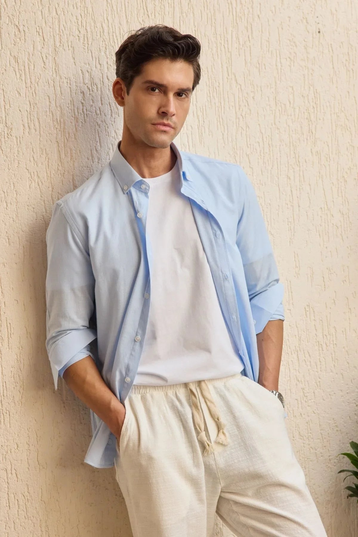 turi-erkek-pamuk-gomlek-modern-slim-fit-keten-gorunumlu-uzun-kol-24021 - Livio Ferri