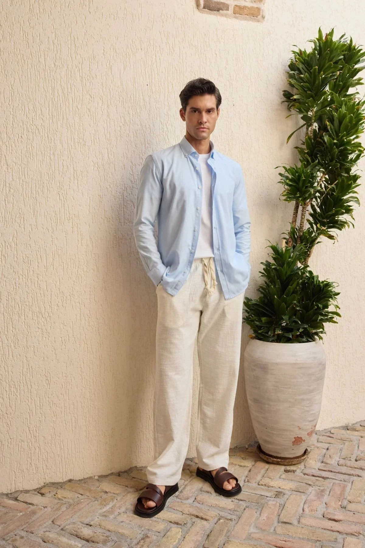 turi-erkek-pamuk-gomlek-modern-slim-fit-keten-gorunumlu-uzun-kol-24022 - Livio Ferri