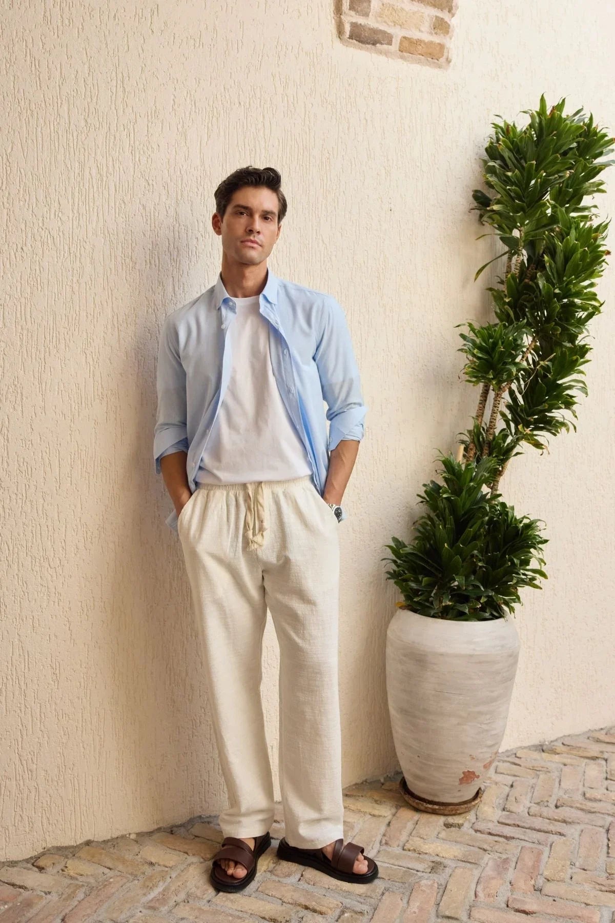 turi-erkek-pamuk-gomlek-modern-slim-fit-keten-gorunumlu-uzun-kol-24024 - Livio Ferri