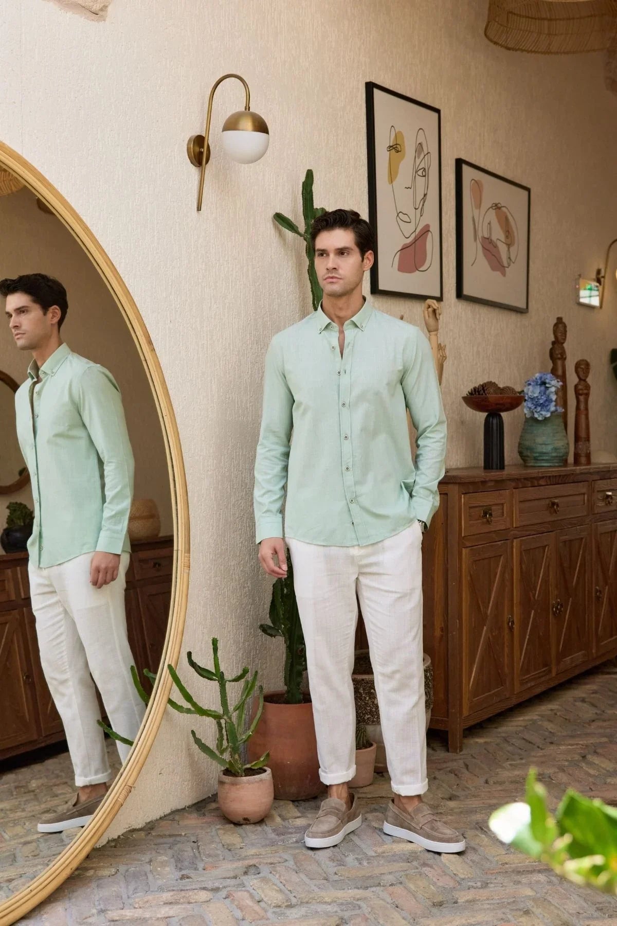 turi-erkek-pamuk-gomlek-modern-slim-fit-keten-gorunumlu-uzun-kol-24027 - Livio Ferri