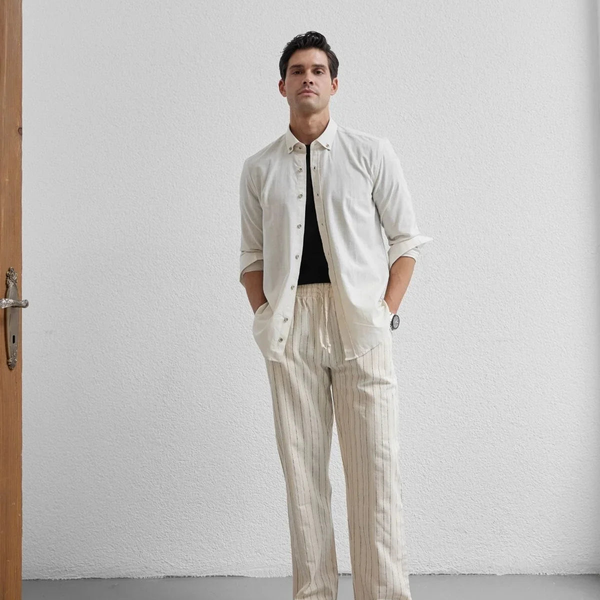 turi-erkek-pamuk-gomlek-modern-slim-fit-keten-gorunumlu-uzun-kol-24030 - Livio Ferri