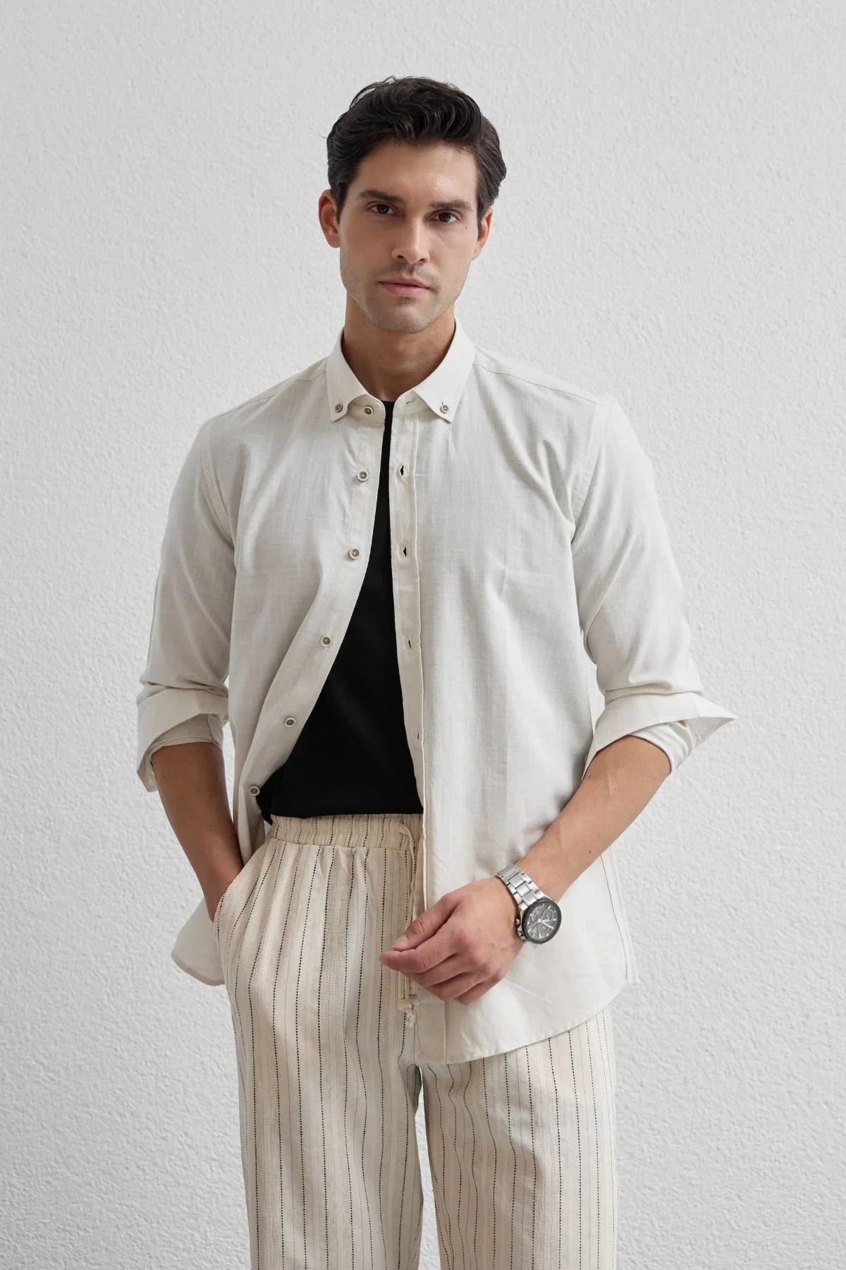 turi-erkek-pamuk-gomlek-modern-slim-fit-keten-gorunumlu-uzun-kol-24033 - Livio Ferri