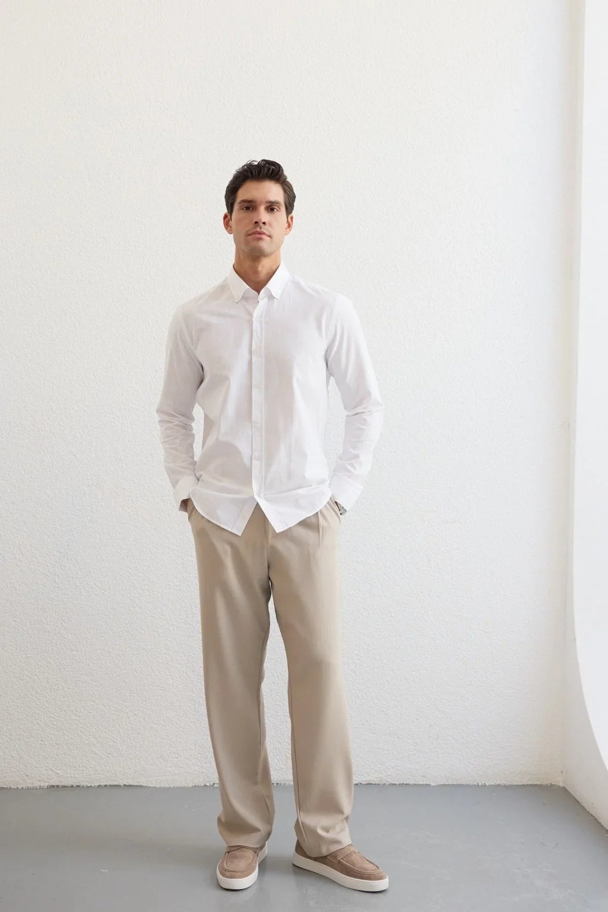 turi-erkek-pamuk-gomlek-modern-slim-fit-keten-gorunumlu-uzun-kol-24043 - Livio Ferri