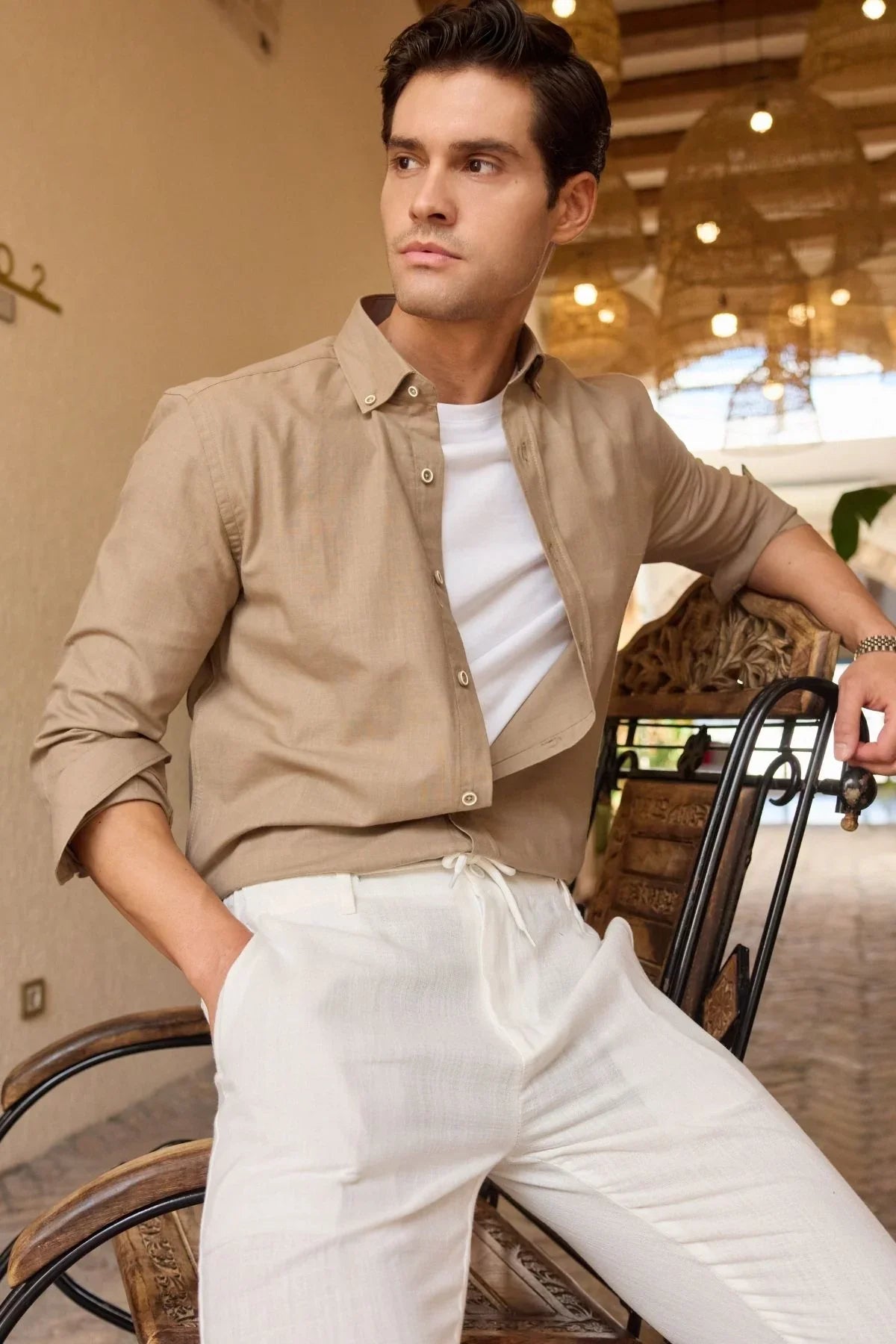 turi-erkek-pamuk-gomlek-modern-slim-fit-keten-gorunumlu-uzun-kol-24047 - Livio Ferri