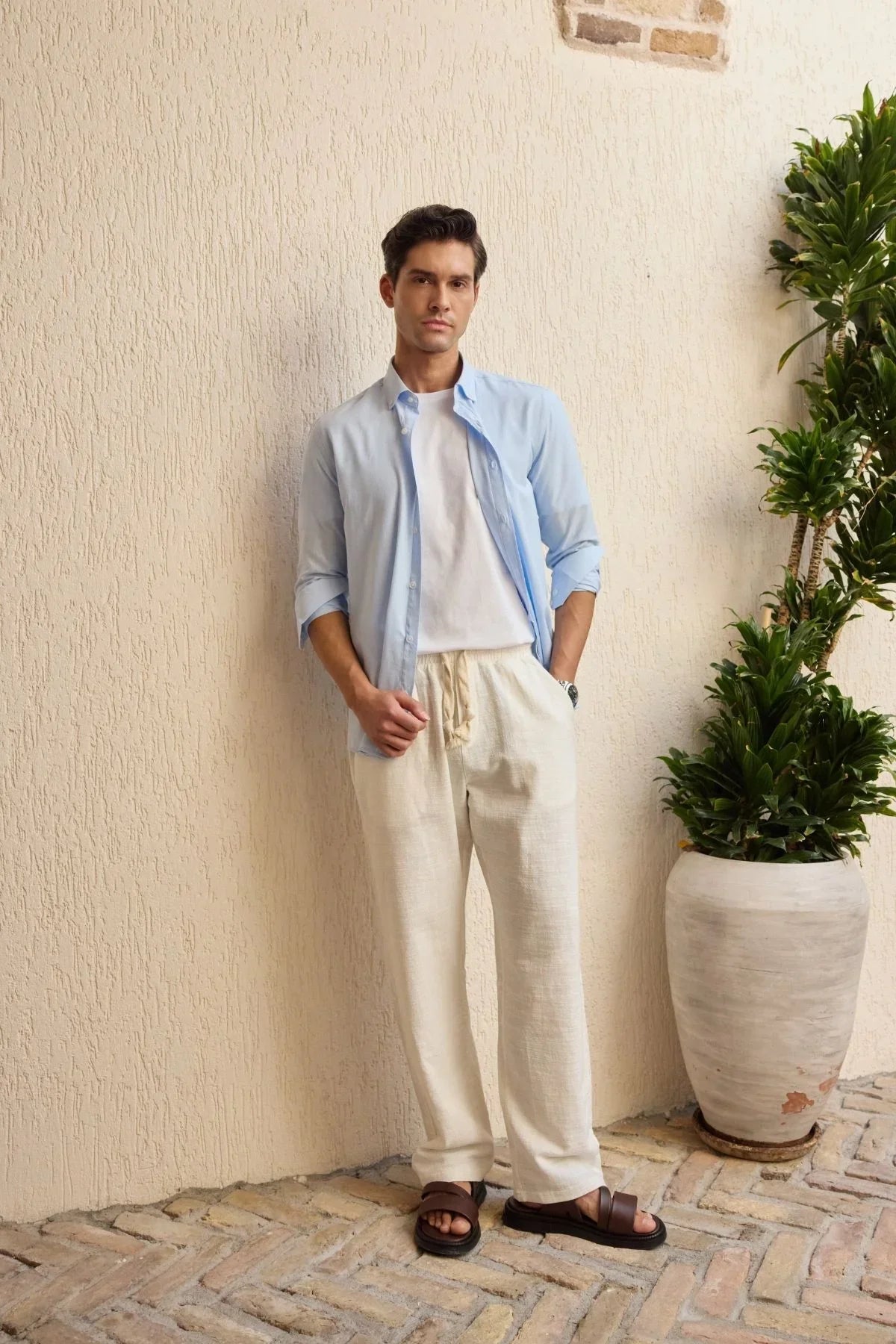 turi-erkek-pamuk-gomlek-modern-slim-fit-keten-gorunumlu-uzun-kol-24049 - Livio Ferri