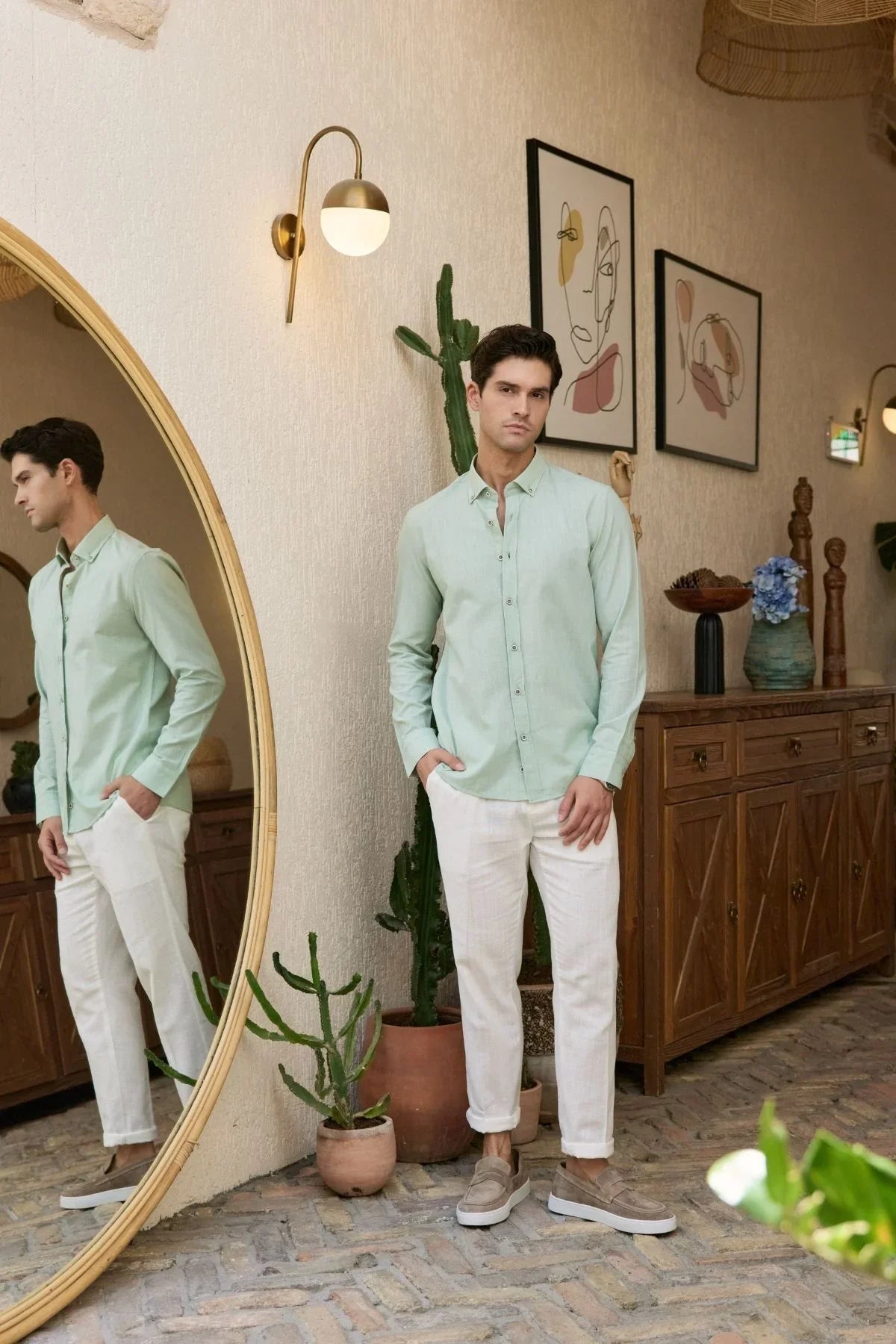 turi-erkek-pamuk-gomlek-modern-slim-fit-keten-gorunumlu-uzun-kol-24051 - Livio Ferri