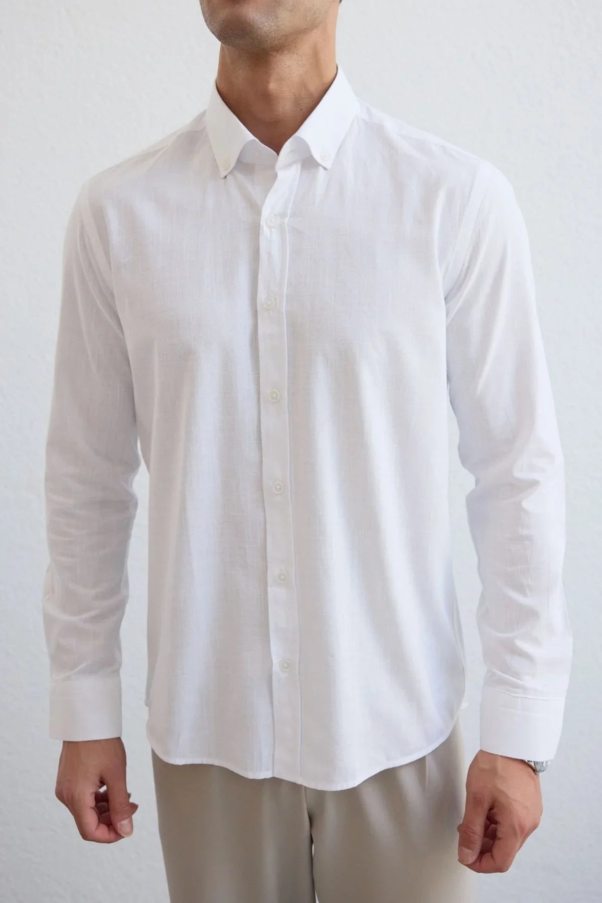 turi-erkek-pamuk-gomlek-modern-slim-fit-keten-gorunumlu-uzun-kol-24059 - Livio Ferri