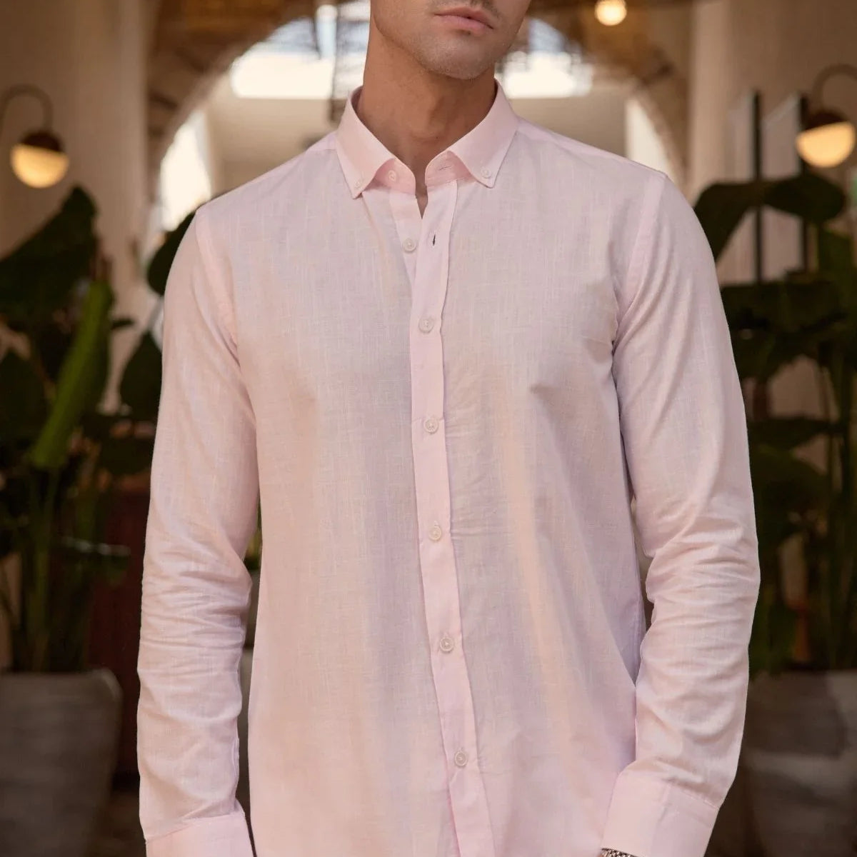 turi-erkek-pamuk-gomlek-modern-slim-fit-keten-gorunumlu-uzun-kol-24061 - Livio Ferri
