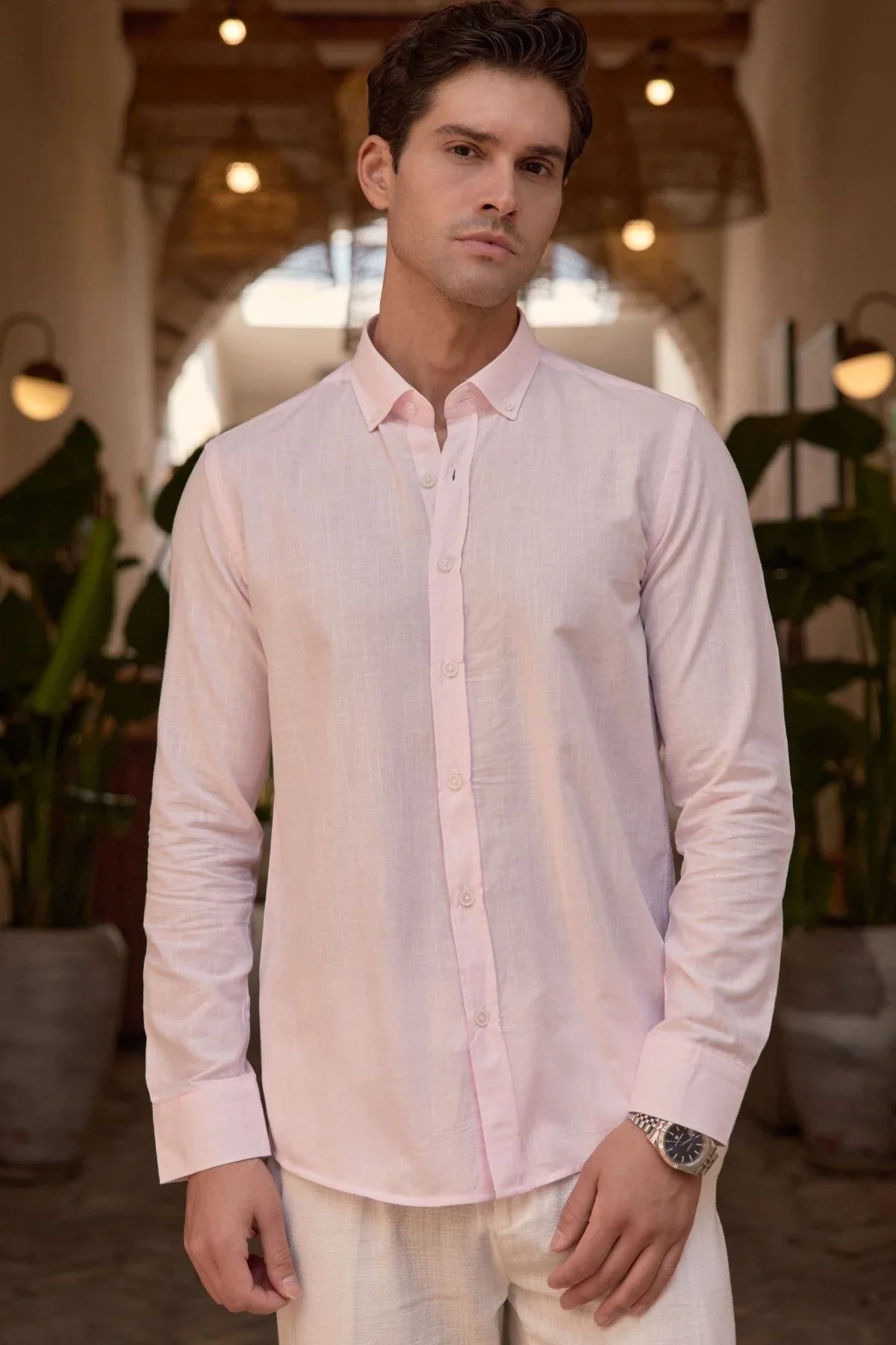 turi-erkek-pamuk-gomlek-modern-slim-fit-keten-gorunumlu-uzun-kol-24061 - Livio Ferri