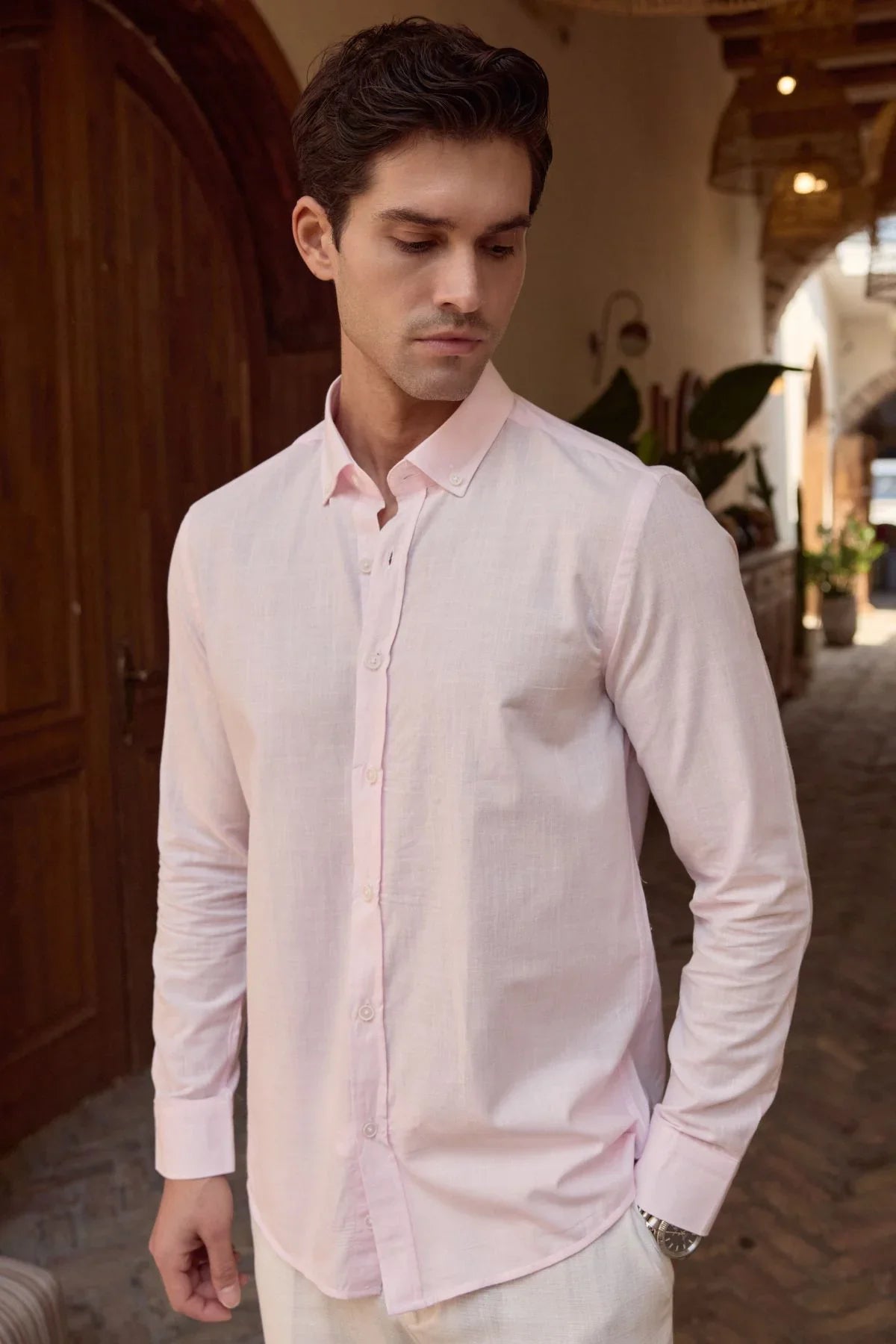 turi-erkek-pamuk-gomlek-modern-slim-fit-keten-gorunumlu-uzun-kol-24062 - Livio Ferri