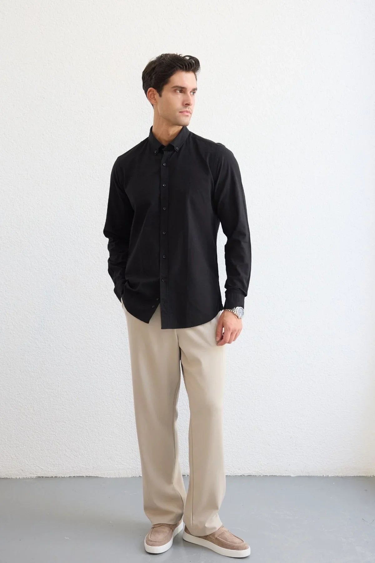 turi-erkek-pamuk-gomlek-modern-slim-fit-keten-gorunumlu-uzun-kol-24063 - Livio Ferri