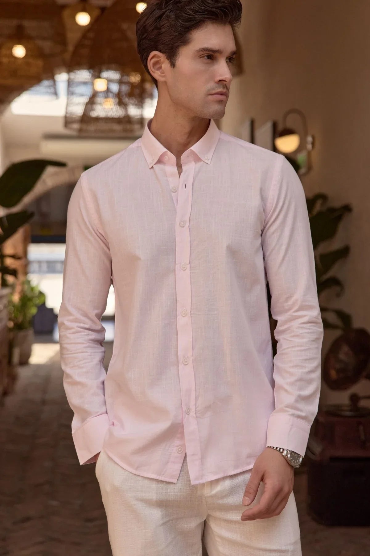 turi-erkek-pamuk-gomlek-modern-slim-fit-keten-gorunumlu-uzun-kol-24065 - Livio Ferri