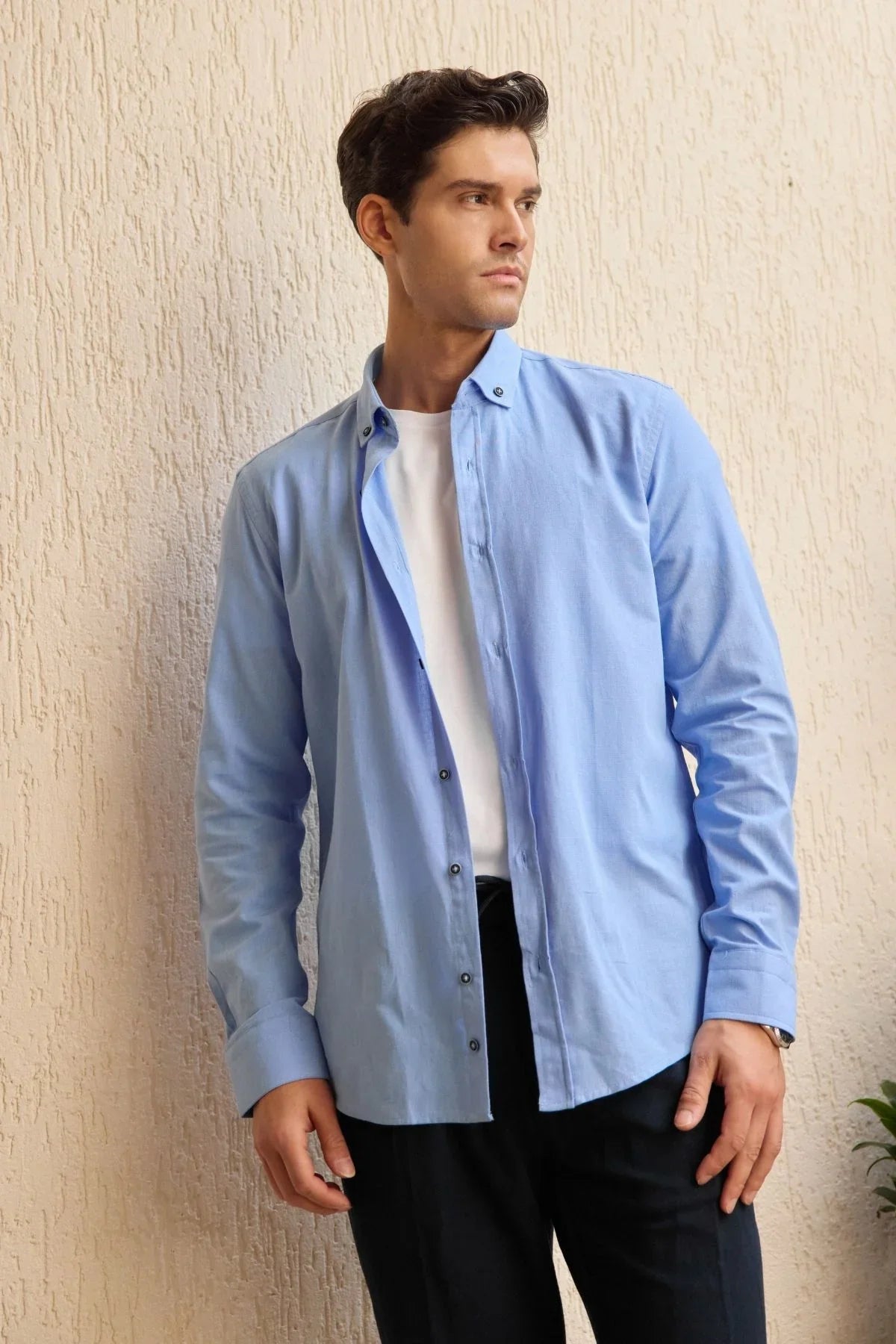 turi-erkek-pamuk-gomlek-modern-slim-fit-keten-gorunumlu-uzun-kol-24068 - Livio Ferri