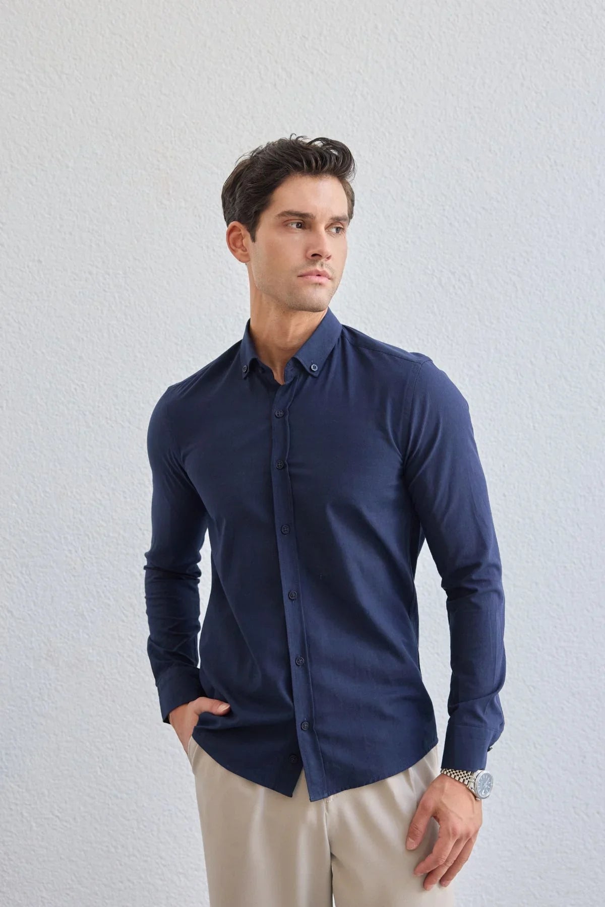 turi-erkek-pamuk-gomlek-modern-slim-fit-keten-gorunumlu-uzun-kol-24069 - Livio Ferri