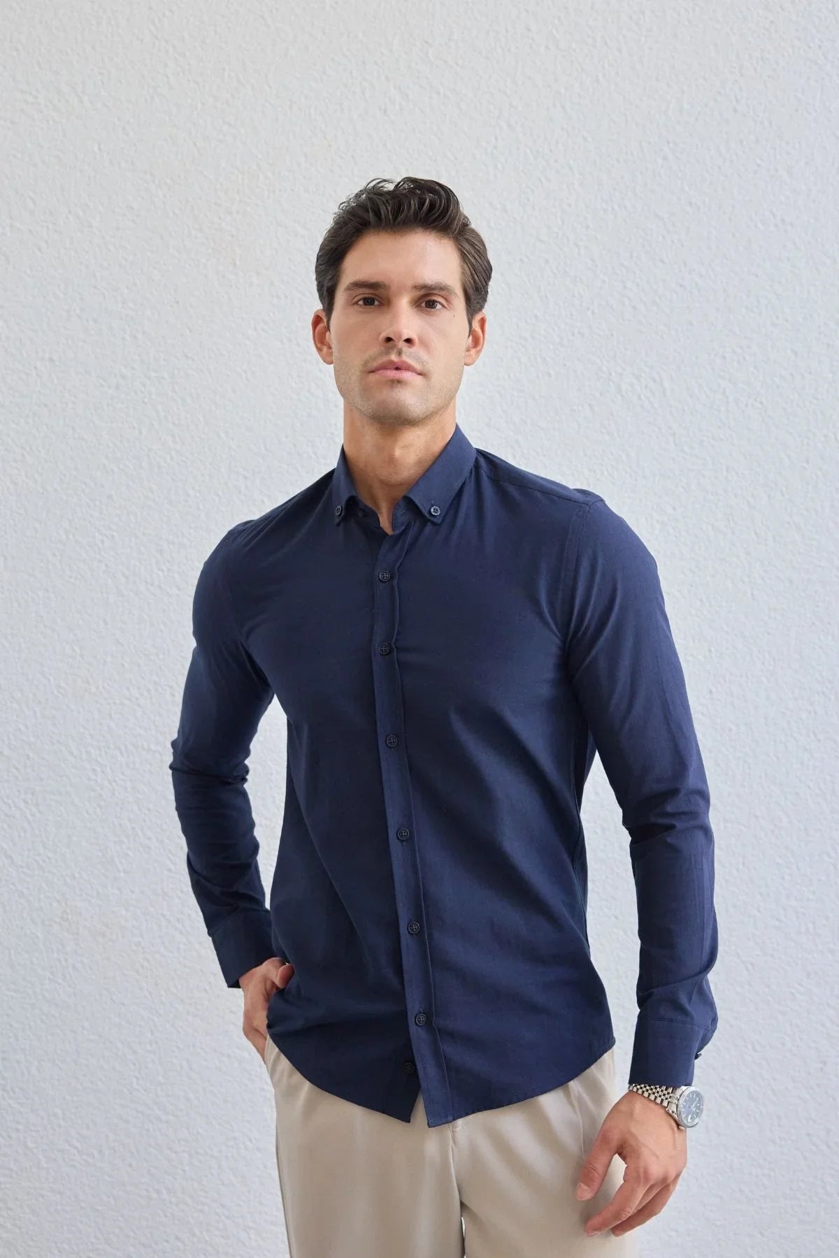 turi-erkek-pamuk-gomlek-modern-slim-fit-keten-gorunumlu-uzun-kol-24070 - Livio Ferri