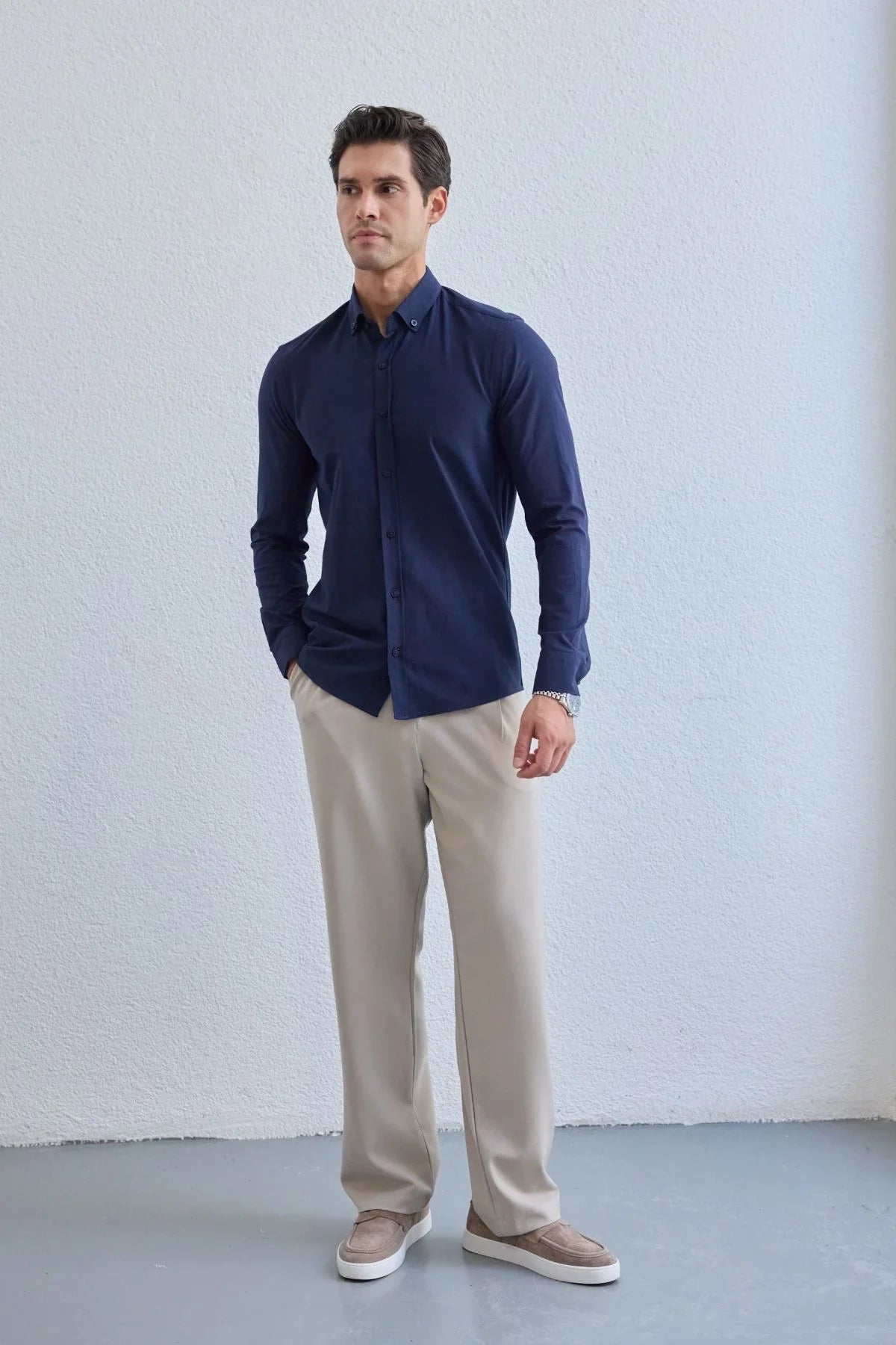 turi-erkek-pamuk-gomlek-modern-slim-fit-keten-gorunumlu-uzun-kol-24072 - Livio Ferri