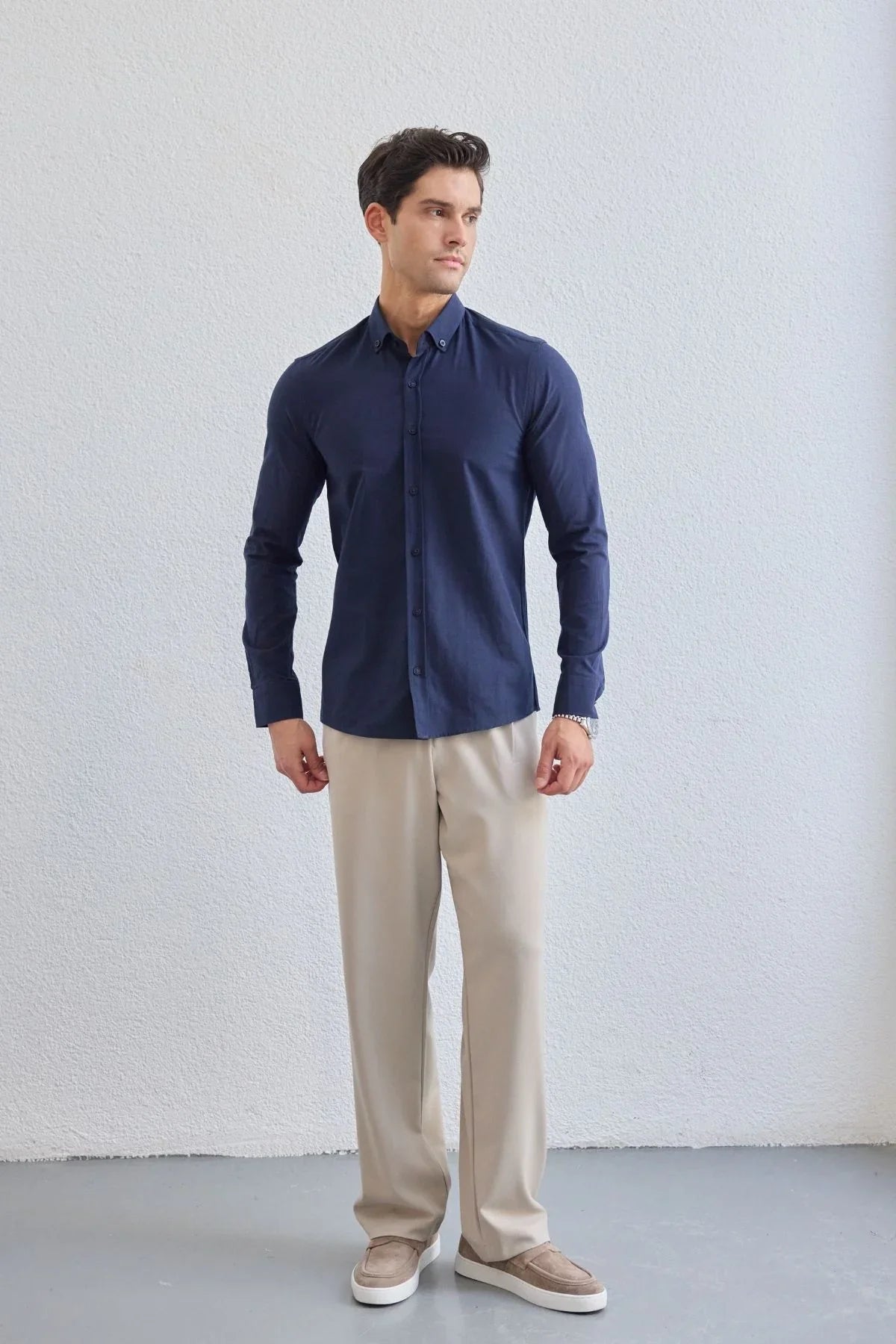 turi-erkek-pamuk-gomlek-modern-slim-fit-keten-gorunumlu-uzun-kol-24073 - Livio Ferri